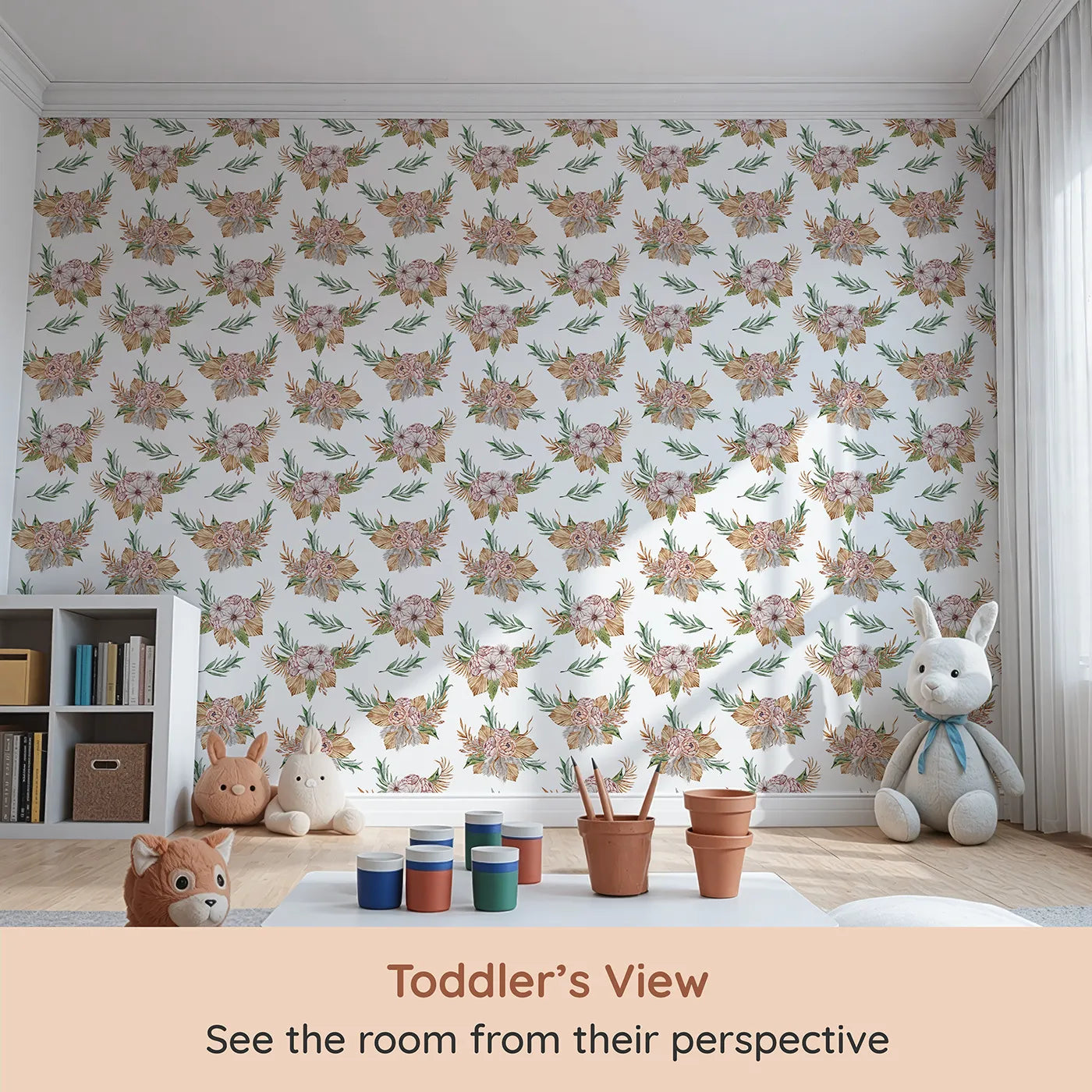 Whimsy Tots Rustic Blush Bouquet Wallpaper in White (W3293A) from your child's view.Soft florals and dried textures meet in a cozy floral daydream.