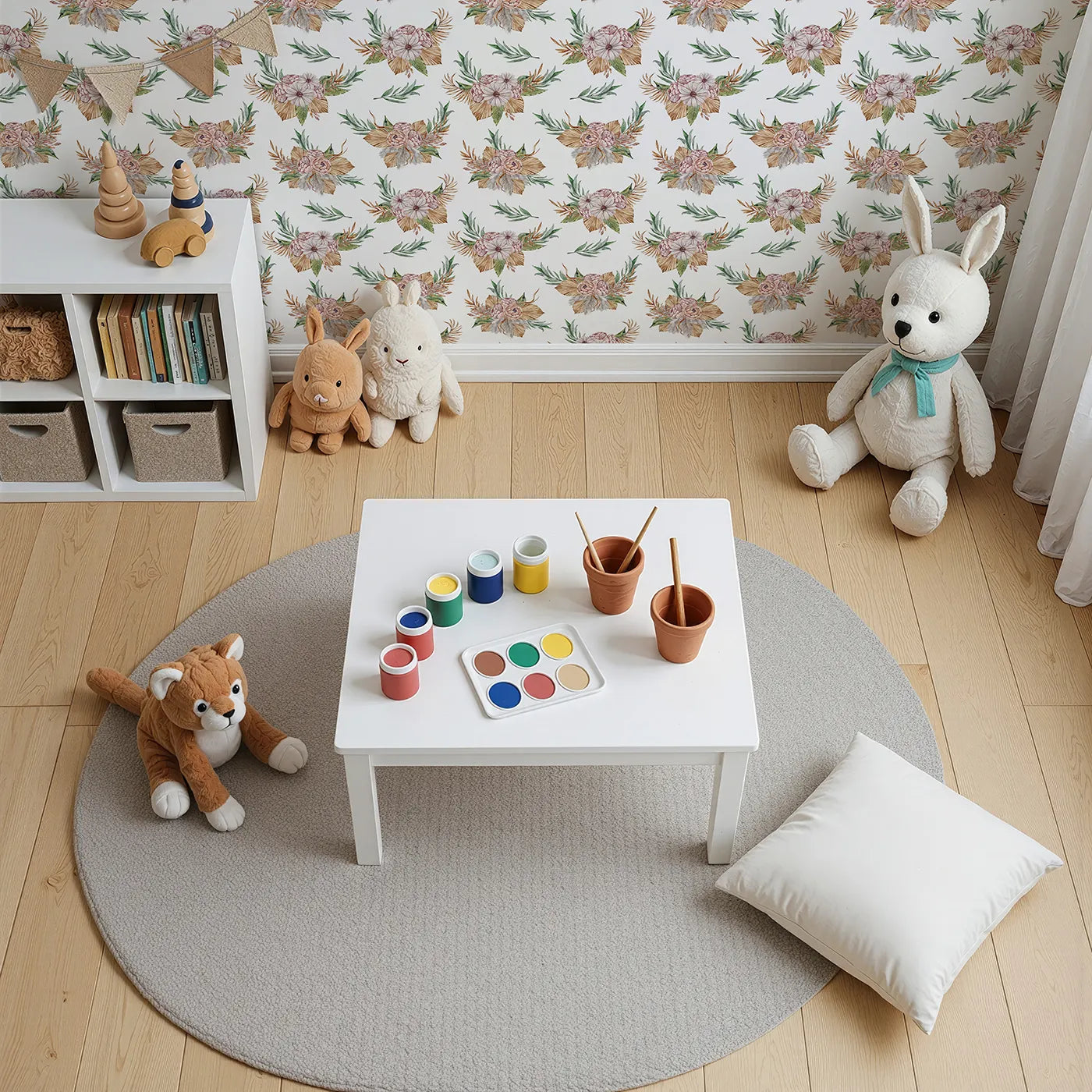 Top-Down view of Whimsy Tots' Rustic Blush Bouquet Wallpaper in White (W3293A).Soft florals and dried textures meet in a cozy floral daydream.