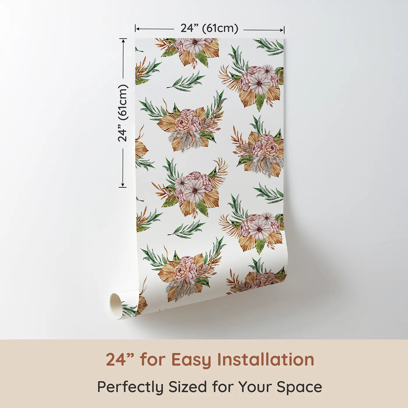 Dimension view of Whimsy Tots Rustic Blush Bouquet Wallpaper in White (W3293A). Printed in 24-inch-wide panel for easy installation. Soft florals and dried textures meet in a cozy floral daydream.