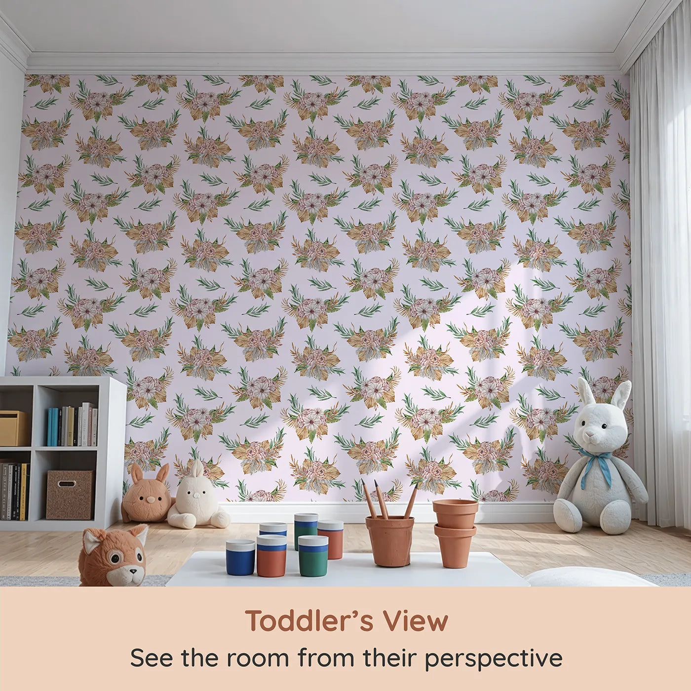 Whimsy Tots Rustic Blush Bouquet Wallpaper in Pink (W3293B) from your child's view.A blush-pink sky sets the tone for soft petals and dried leaves.