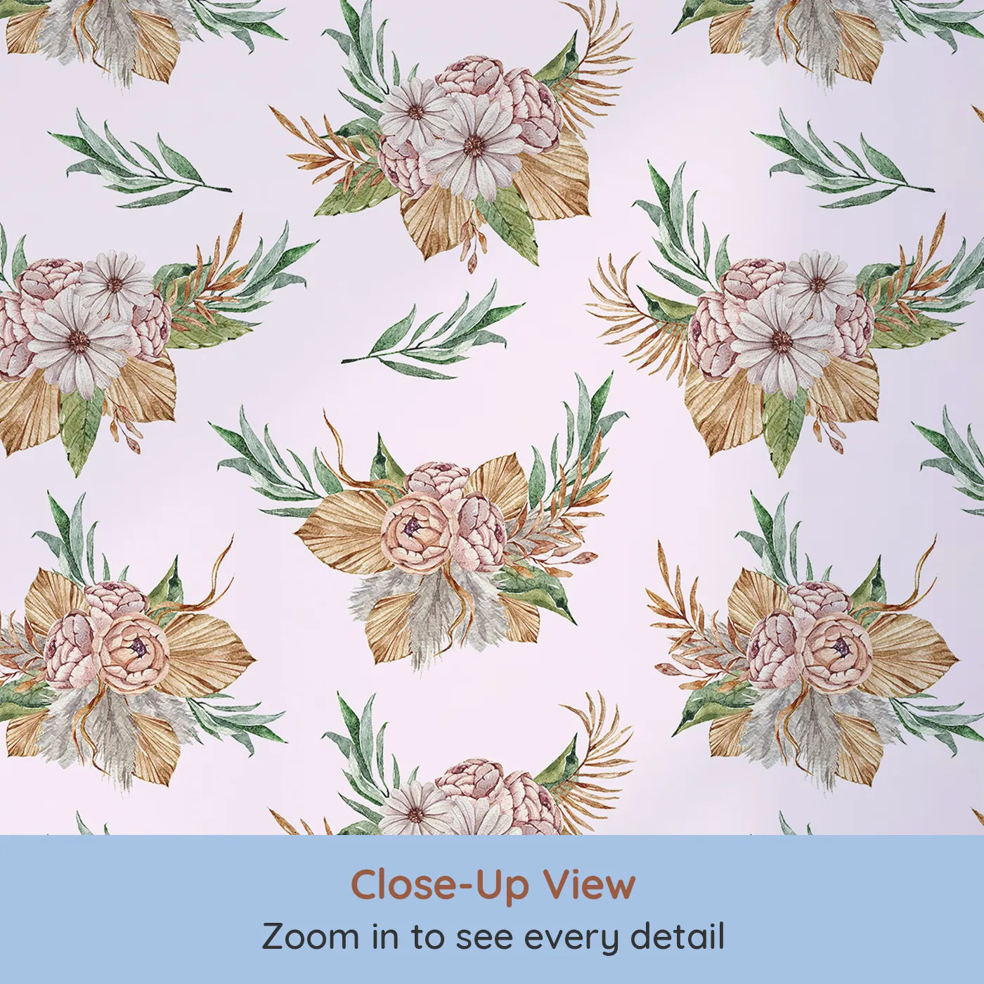 Close-up view of Whimsy Tots' Rustic Blush Bouquet Wallpaper in Pink (W3293B).A blush-pink sky sets the tone for soft petals and dried leaves.