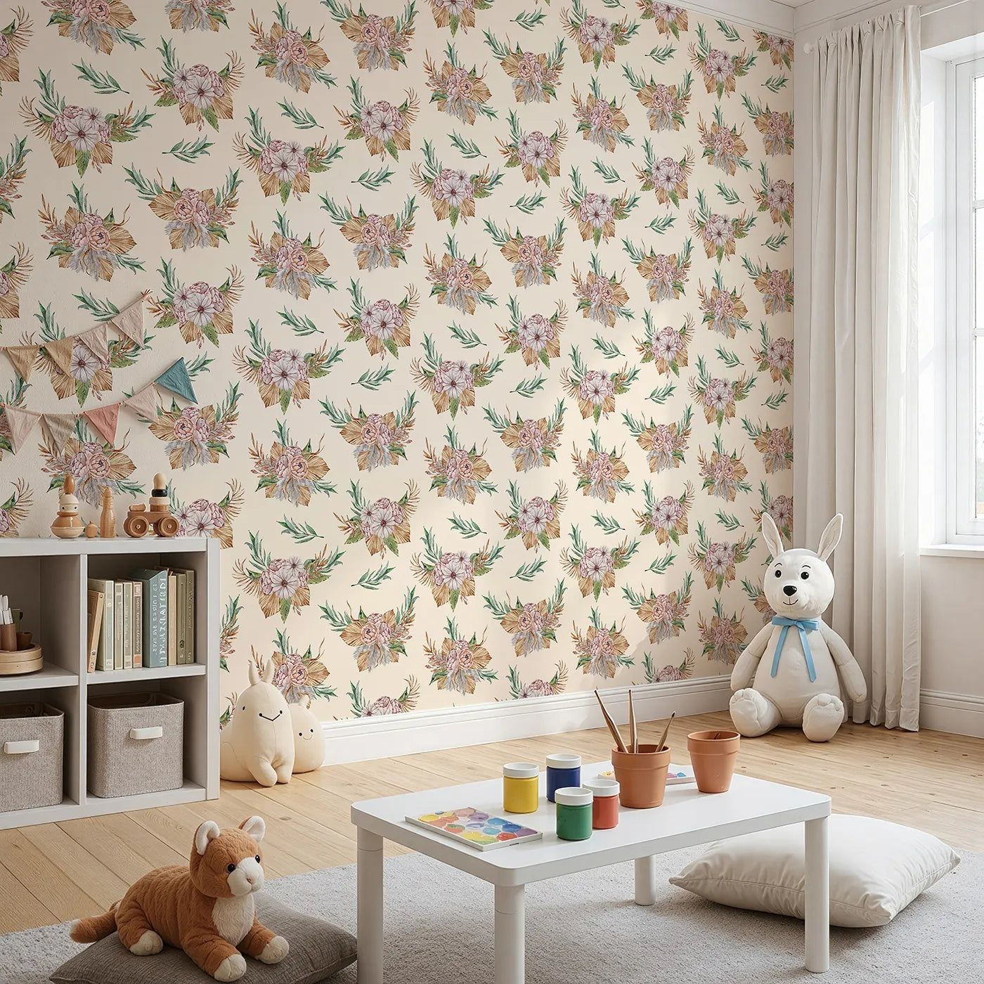 Angled view of Whimsy Tots' Rustic Blush Bouquet Wallpaper in Cream (W3293C).Soft florals bloom gently on a warm cream sky.