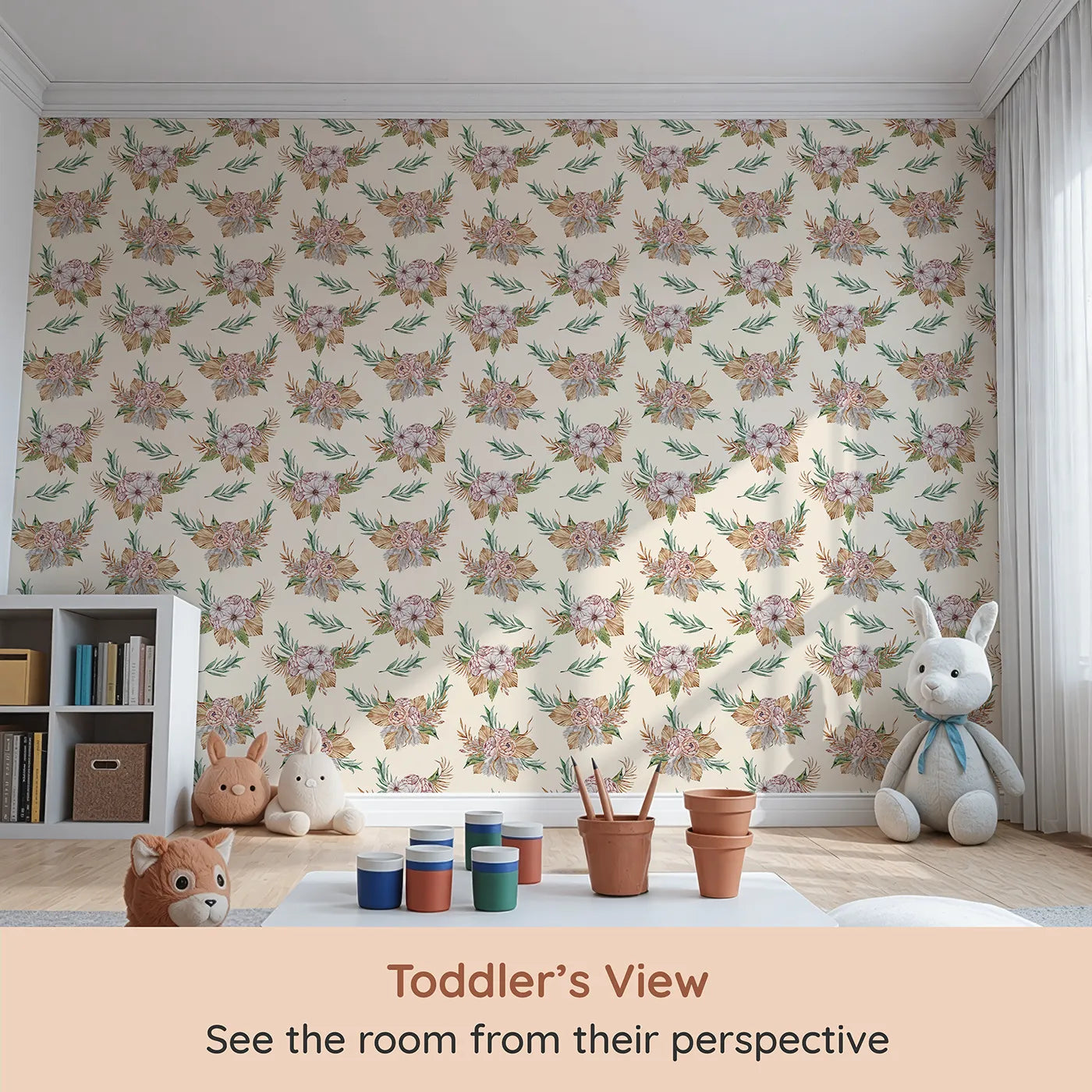 Whimsy Tots Rustic Blush Bouquet Wallpaper in Cream (W3293C) from your child's view.Soft florals bloom gently on a warm cream sky.