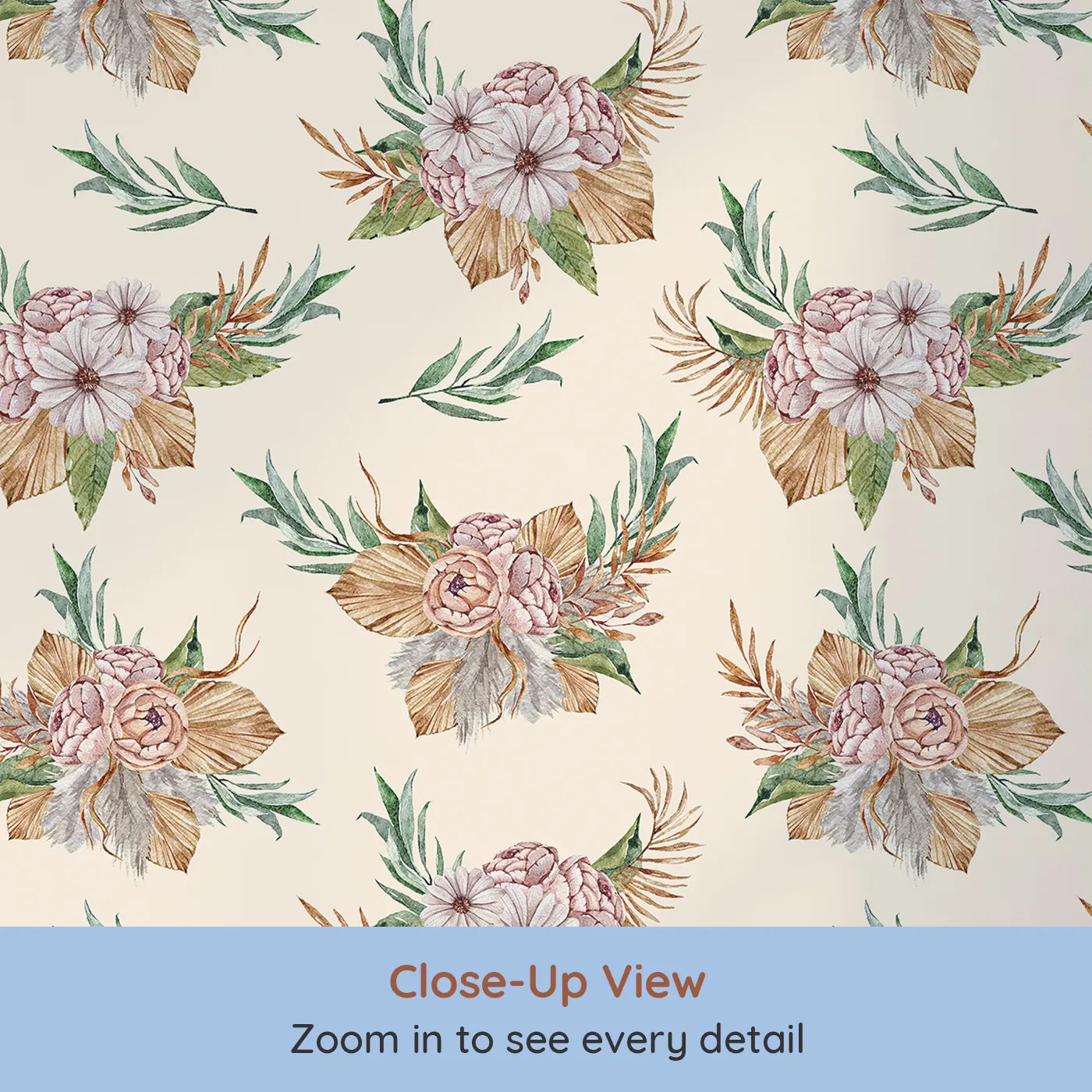 Close-up view of Whimsy Tots' Rustic Blush Bouquet Wallpaper in Cream (W3293C).Soft florals bloom gently on a warm cream sky.