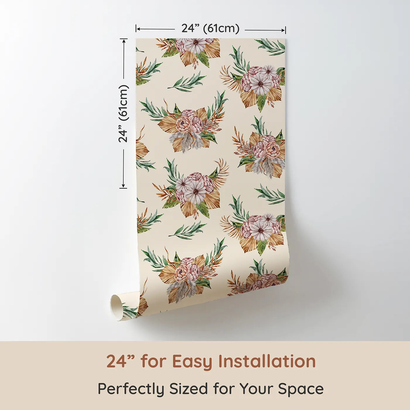 Dimension view of Whimsy Tots Rustic Blush Bouquet Wallpaper in Cream (W3293C). Printed in 24-inch-wide panel for easy installation. Soft florals bloom gently on a warm cream sky.