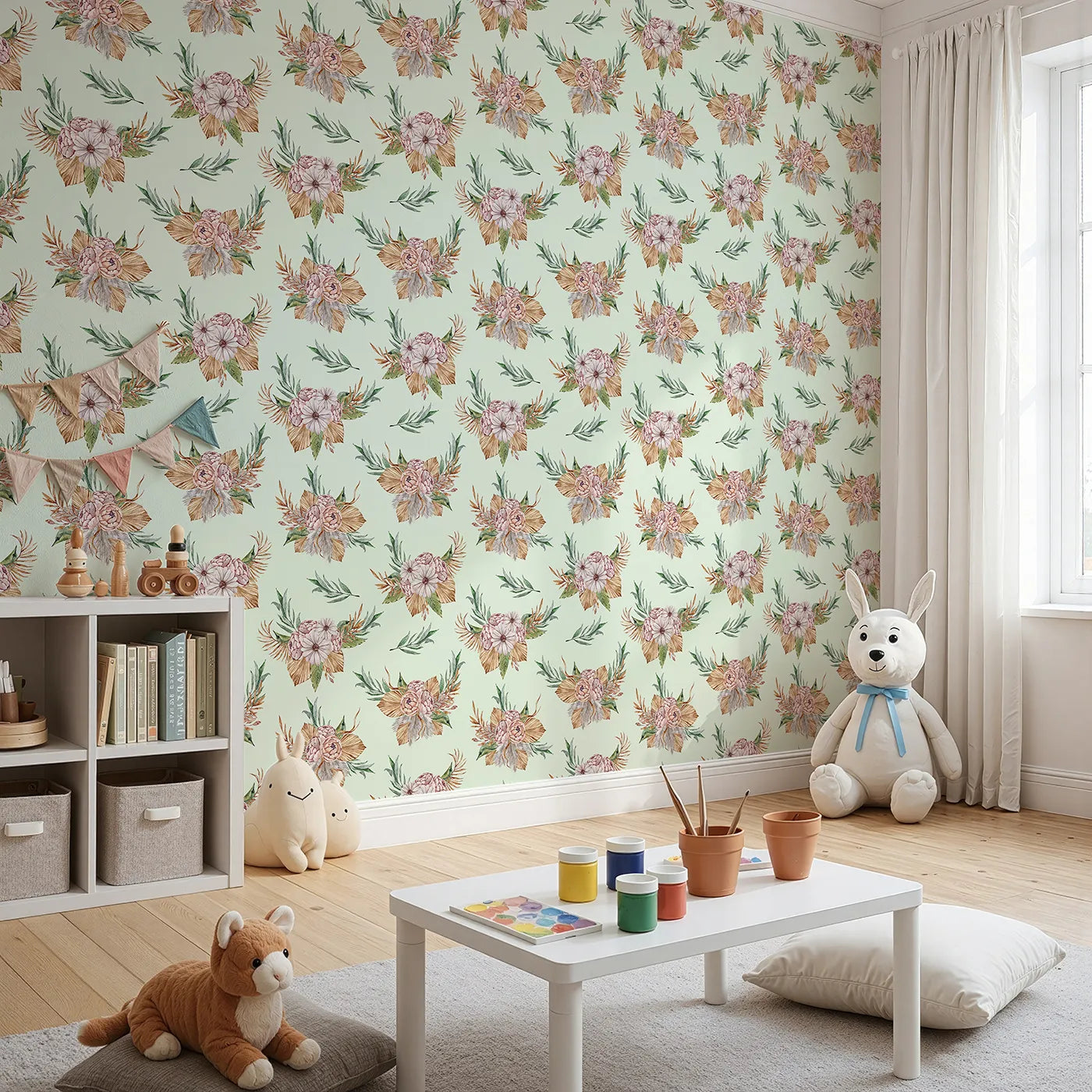 Angled view of Whimsy Tots' Rustic Blush Bouquet Wallpaper in Mint Green (W3293D).Fresh mint skies set the stage for soft petals and earthy textures.