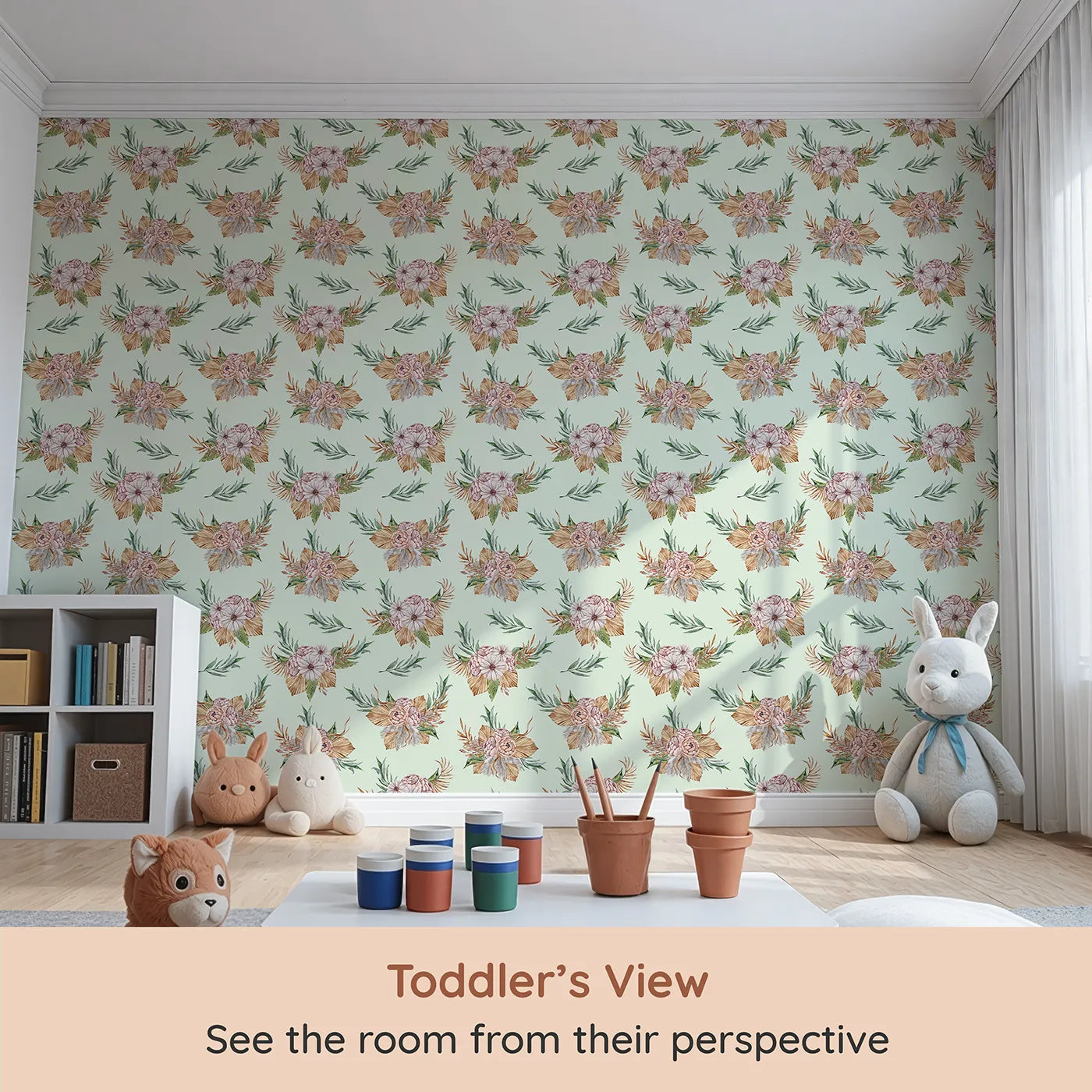 Whimsy Tots Rustic Blush Bouquet Wallpaper in Mint Green (W3293D) from your child's view.Fresh mint skies set the stage for soft petals and earthy textures.
