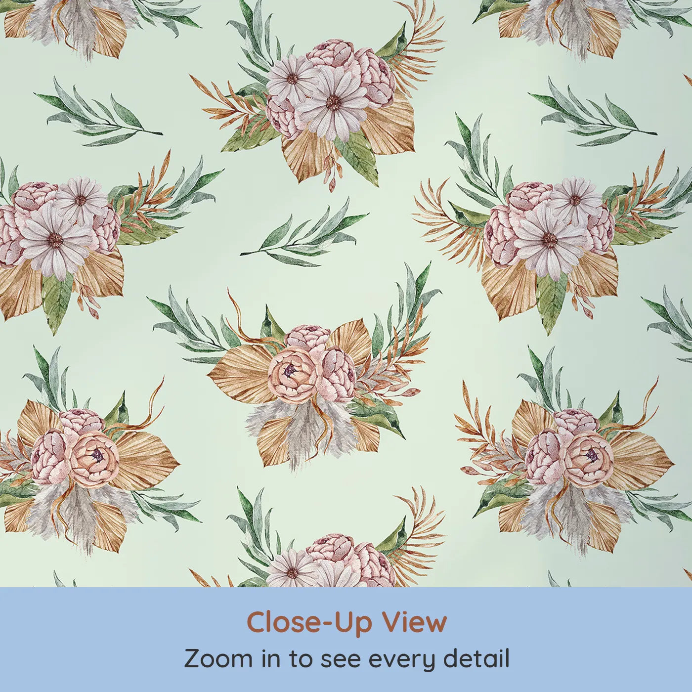 Close-up view of Whimsy Tots' Rustic Blush Bouquet Wallpaper in Mint Green (W3293D).Fresh mint skies set the stage for soft petals and earthy textures.