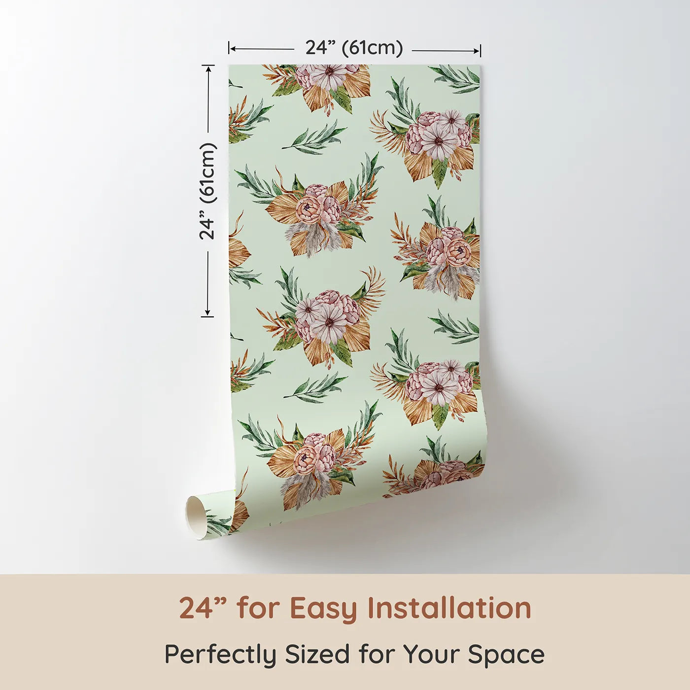 Dimension view of Whimsy Tots Rustic Blush Bouquet Wallpaper in Mint Green (W3293D). Printed in 24-inch-wide panel for easy installation. Fresh mint skies set the stage for soft petals and earthy textures.