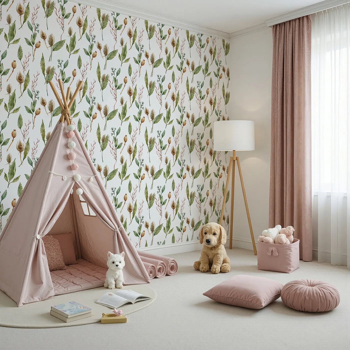 Angled view of Whimsy Tots' Woodland Forage Sprigs Wallpaper in White (W3294A).Delicate sprigs and pods scatter like forest keepsakes.
