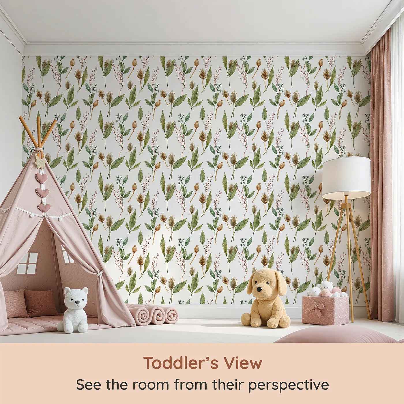 Whimsy Tots Woodland Forage Sprigs Wallpaper in White (W3294A) from your child's view.Delicate sprigs and pods scatter like forest keepsakes.