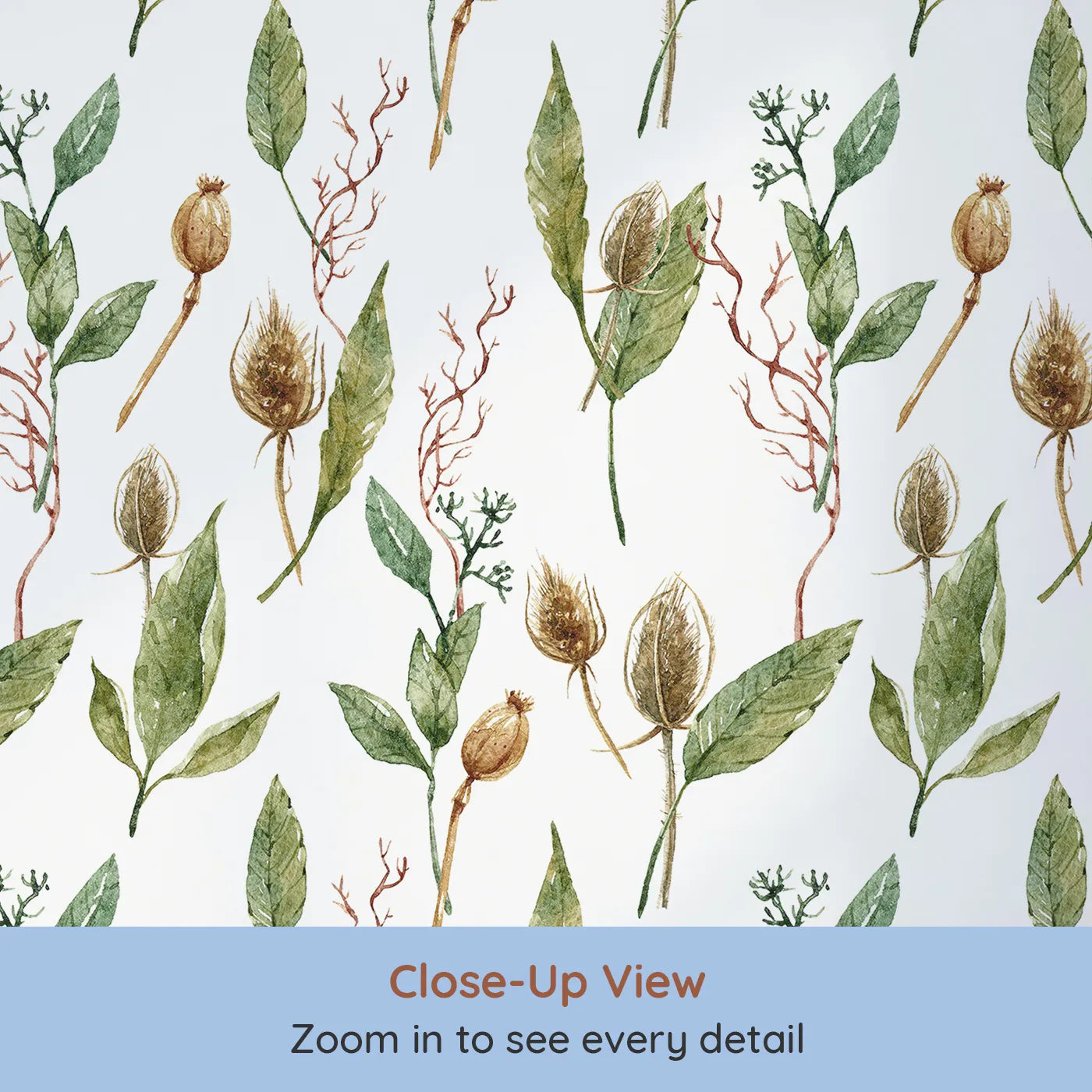Close-up view of Whimsy Tots' Woodland Forage Sprigs Wallpaper in White (W3294A).Delicate sprigs and pods scatter like forest keepsakes.