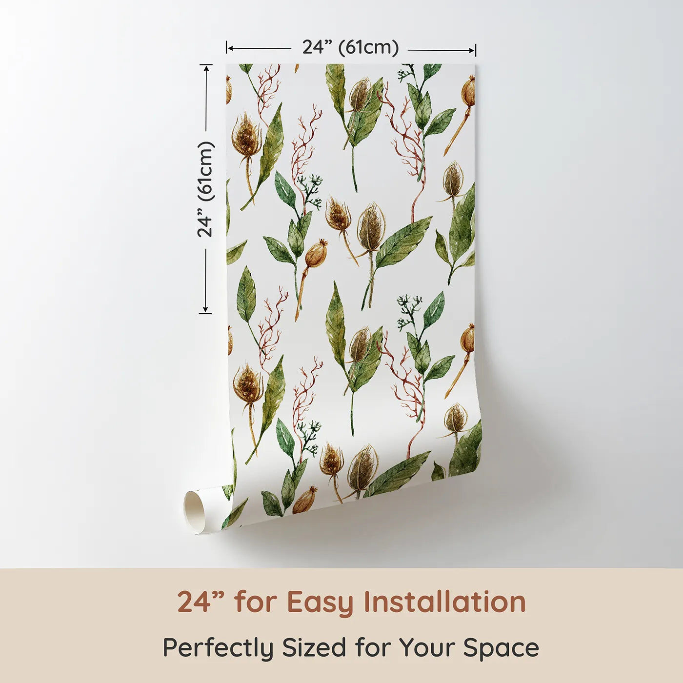 Dimension view of Whimsy Tots Woodland Forage Sprigs Wallpaper in White (W3294A). Printed in 24-inch-wide panel for easy installation. Delicate sprigs and pods scatter like forest keepsakes.