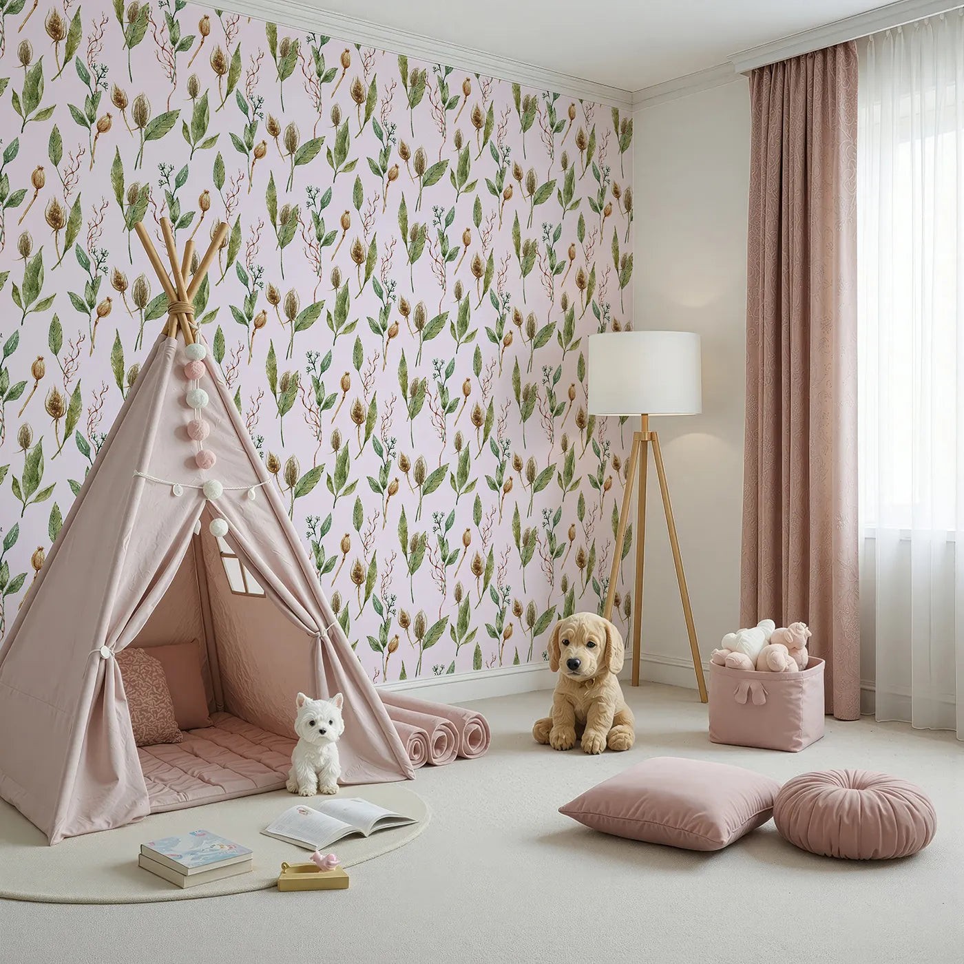 Angled view of Whimsy Tots' Woodland Forage Sprigs Wallpaper in Pink (W3294B).Blush-toned skies meet wild leaves and forest textures.