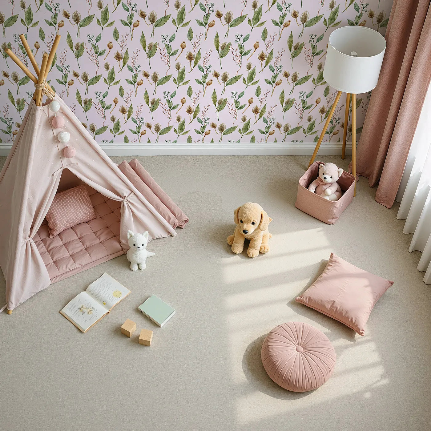 Top-Down view of Whimsy Tots' Woodland Forage Sprigs Wallpaper in Pink (W3294B).Blush-toned skies meet wild leaves and forest textures.