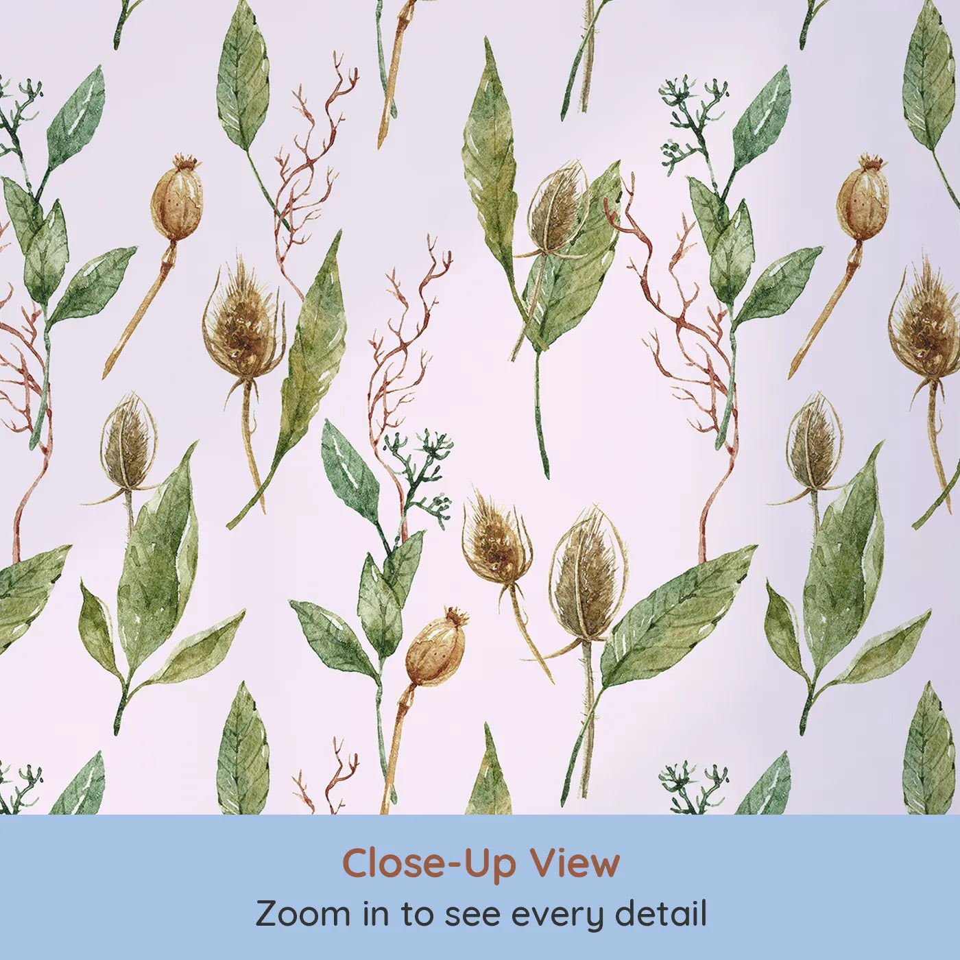 Close-up view of Whimsy Tots' Woodland Forage Sprigs Wallpaper in Pink (W3294B).Blush-toned skies meet wild leaves and forest textures.