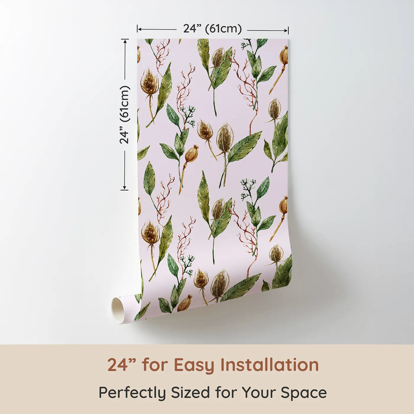 Dimension view of Whimsy Tots Woodland Forage Sprigs Wallpaper in Pink (W3294B). Printed in 24-inch-wide panel for easy installation. Blush-toned skies meet wild leaves and forest textures.