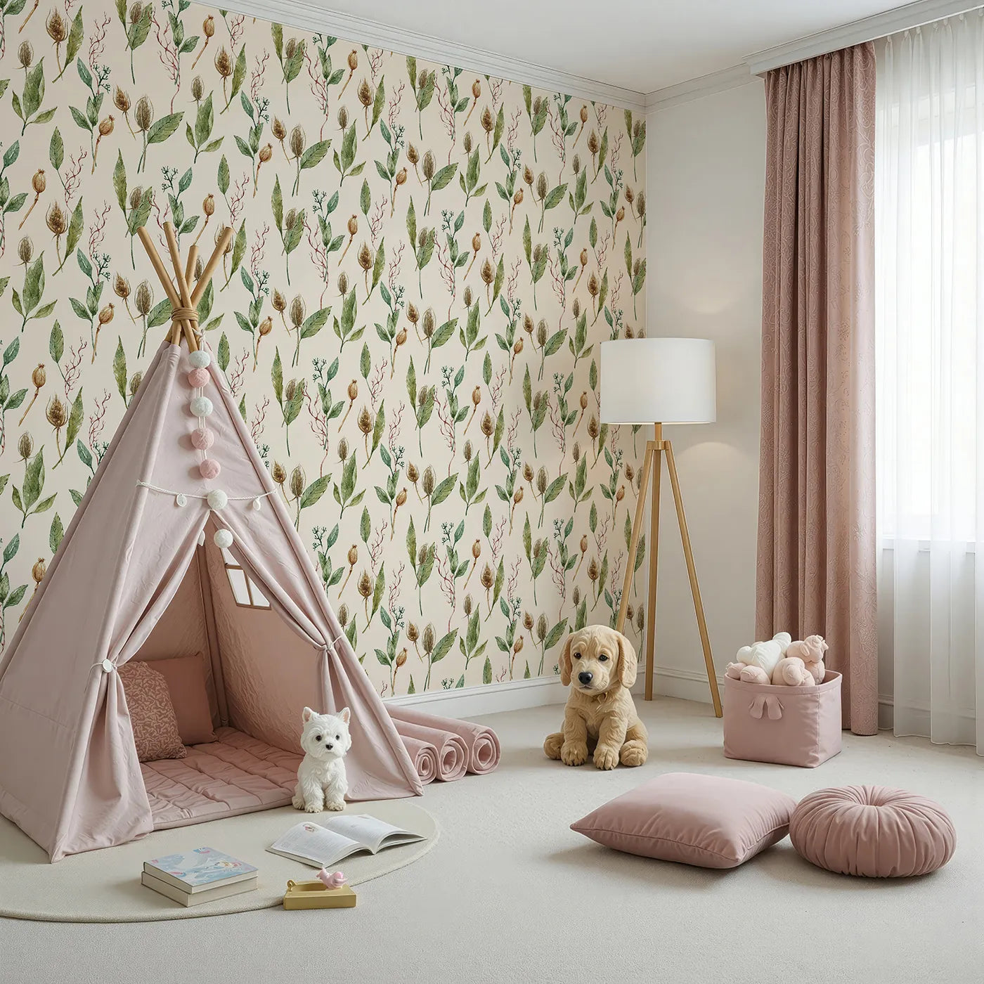 Angled view of Whimsy Tots' Woodland Forage Sprigs Wallpaper in Cream (W3294C).Golden sprigs and green leaves rest on a creamy garden canvas.