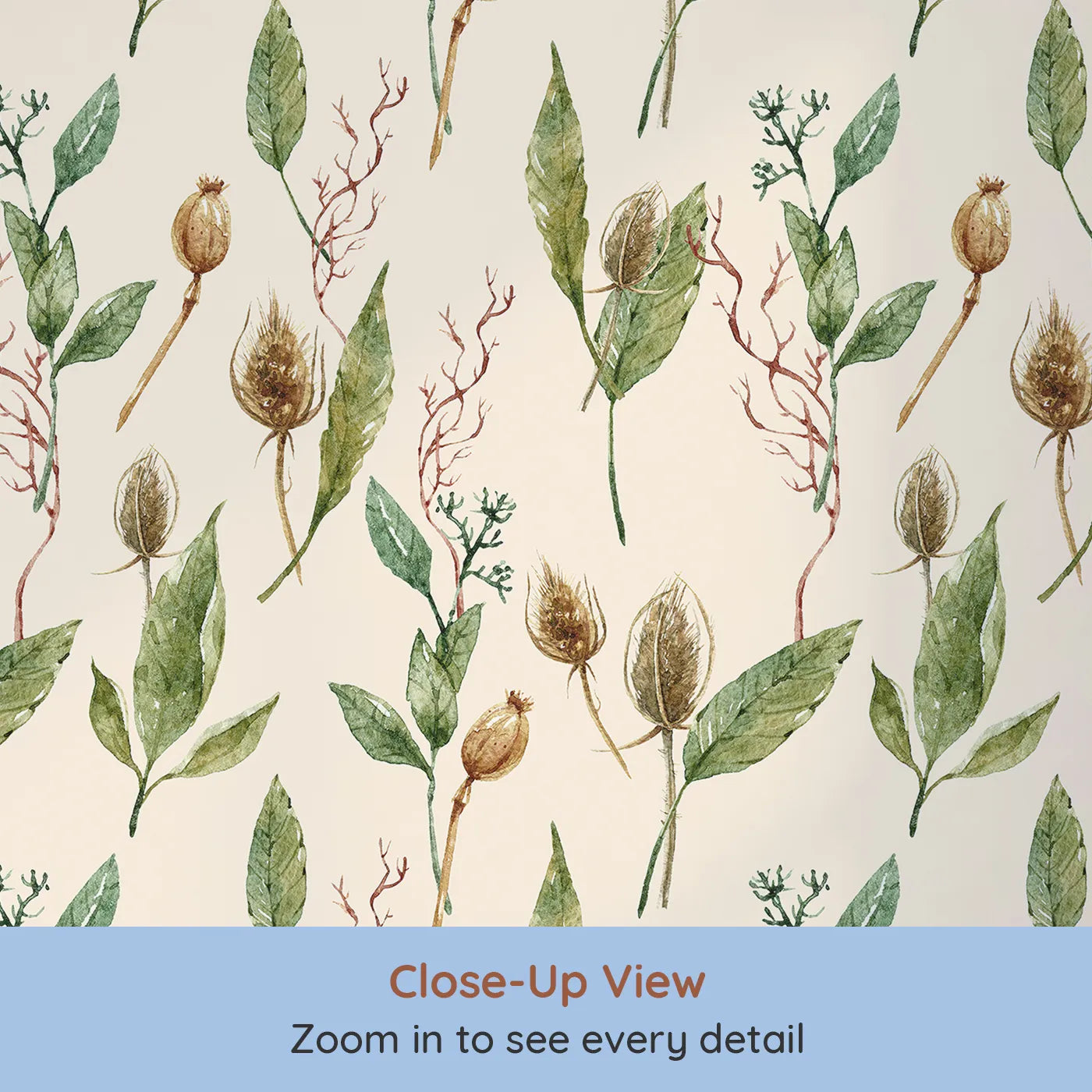 Close-up view of Whimsy Tots' Woodland Forage Sprigs Wallpaper in Cream (W3294C).Golden sprigs and green leaves rest on a creamy garden canvas.