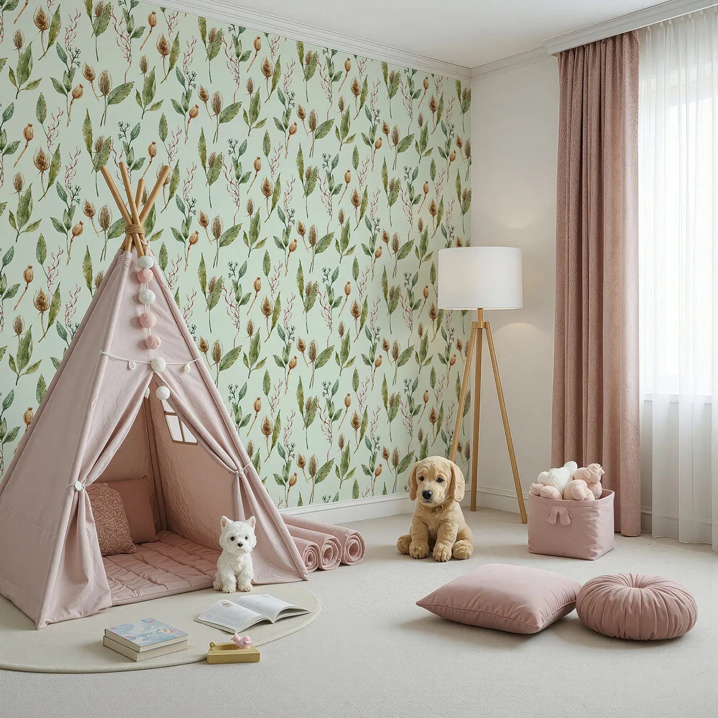 Angled view of Whimsy Tots' Woodland Forage Sprigs Wallpaper in Mint Green (W3294D).Natureโs textures bloom softly across a refreshing mint sky.