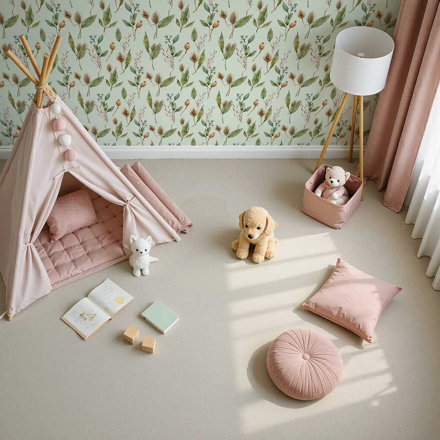 Top-Down view of Whimsy Tots' Woodland Forage Sprigs Wallpaper in Mint Green (W3294D).Natureโs textures bloom softly across a refreshing mint sky.