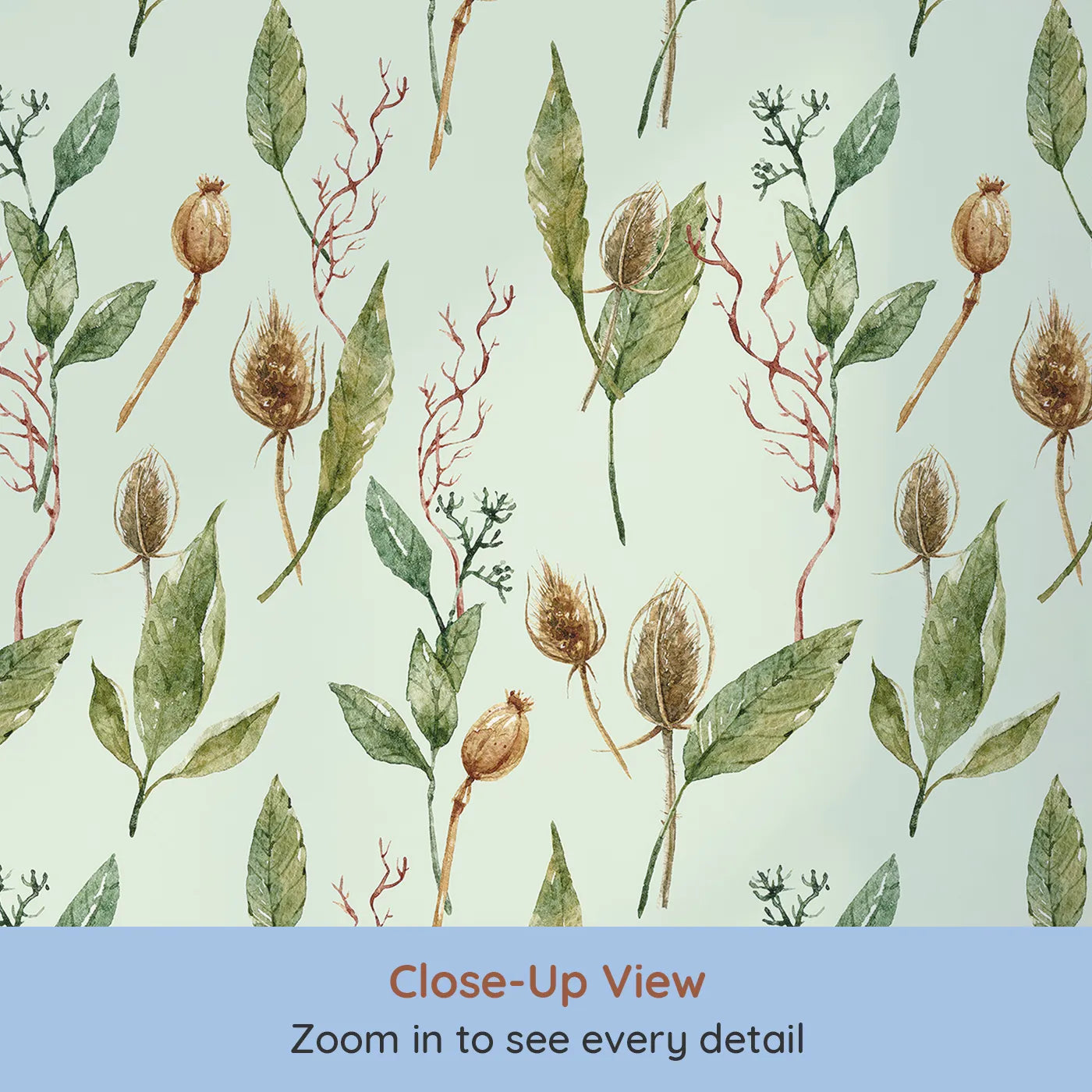 Close-up view of Whimsy Tots' Woodland Forage Sprigs Wallpaper in Mint Green (W3294D).Natureโs textures bloom softly across a refreshing mint sky.
