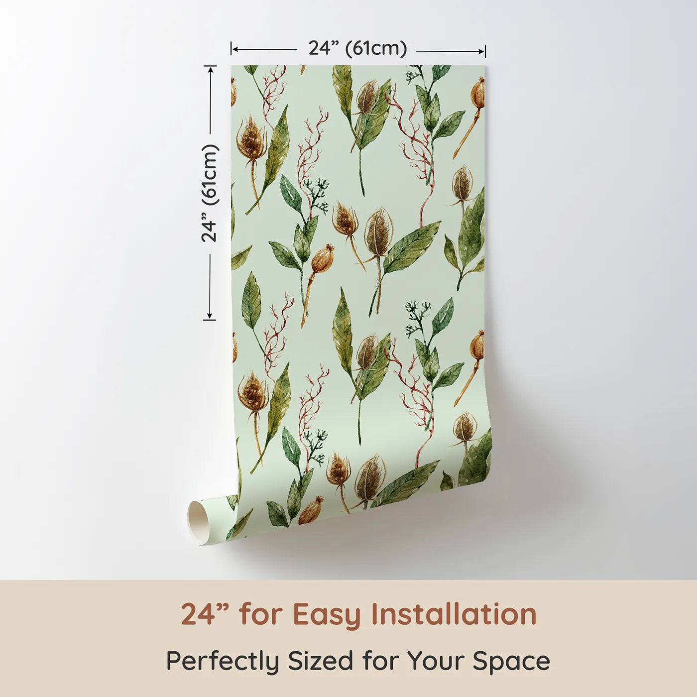 Dimension view of Whimsy Tots Woodland Forage Sprigs Wallpaper in Mint Green (W3294D). Printed in 24-inch-wide panel for easy installation. Natureโs textures bloom softly across a refreshing mint sky.