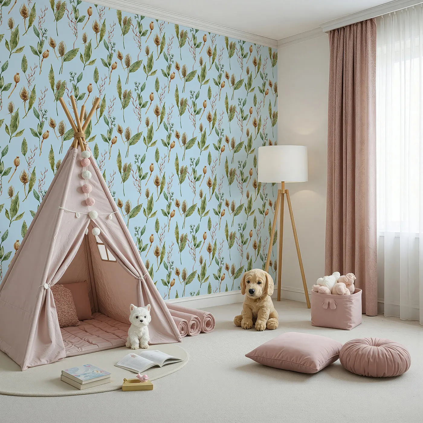 Angled view of Whimsy Tots' Woodland Forage Sprigs Wallpaper in Blue (W3294E).Soft blue skies host a field of leaves, pods, and forest textures.