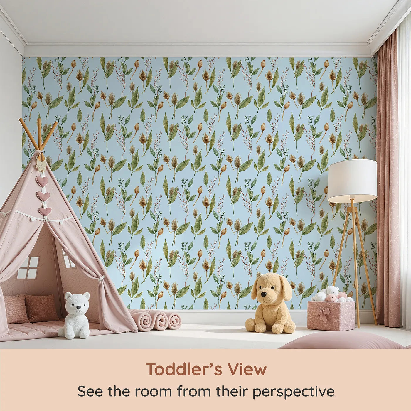 Whimsy Tots Woodland Forage Sprigs Wallpaper in Blue (W3294E) from your child's view.Soft blue skies host a field of leaves, pods, and forest textures.