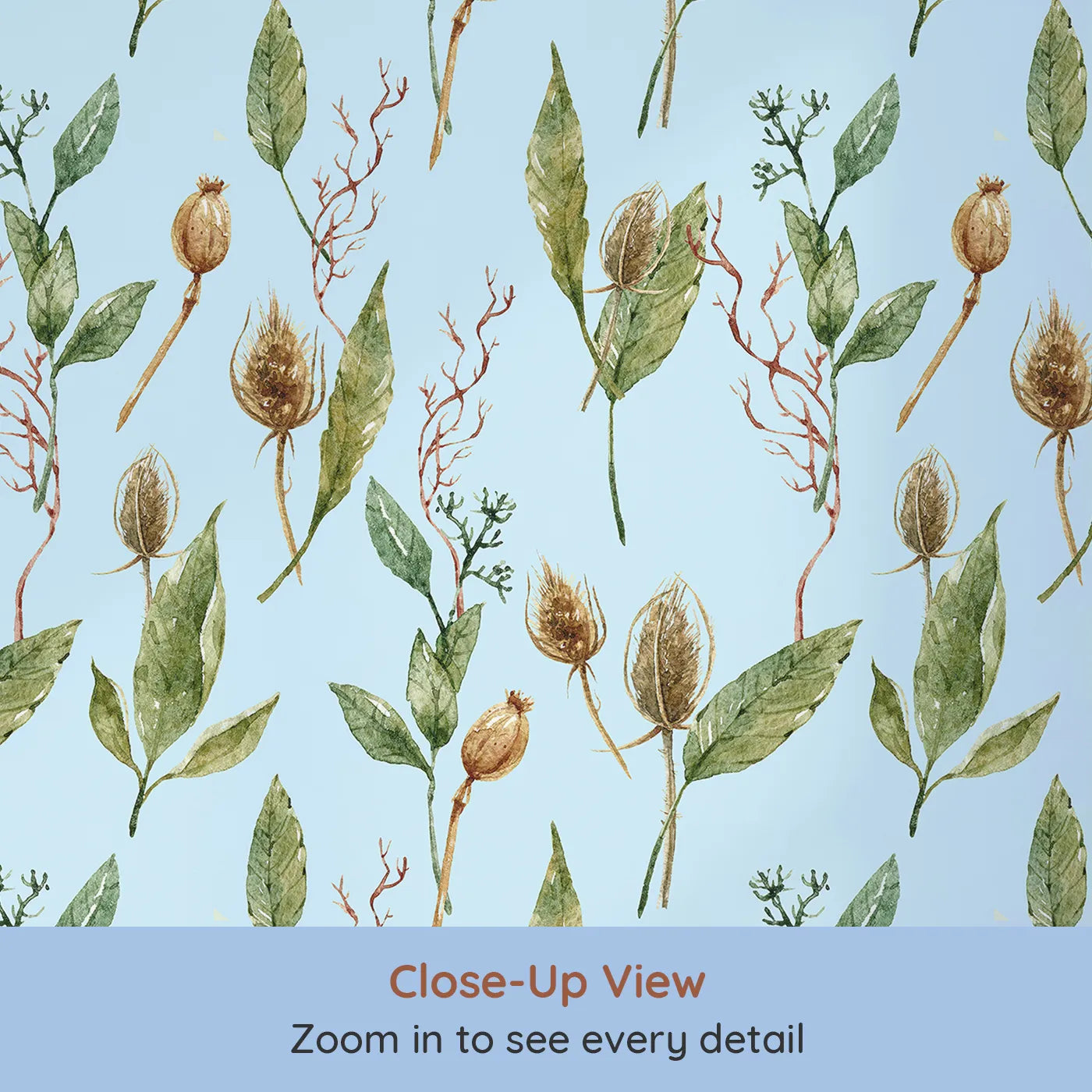 Close-up view of Whimsy Tots' Woodland Forage Sprigs Wallpaper in Blue (W3294E).Soft blue skies host a field of leaves, pods, and forest textures.