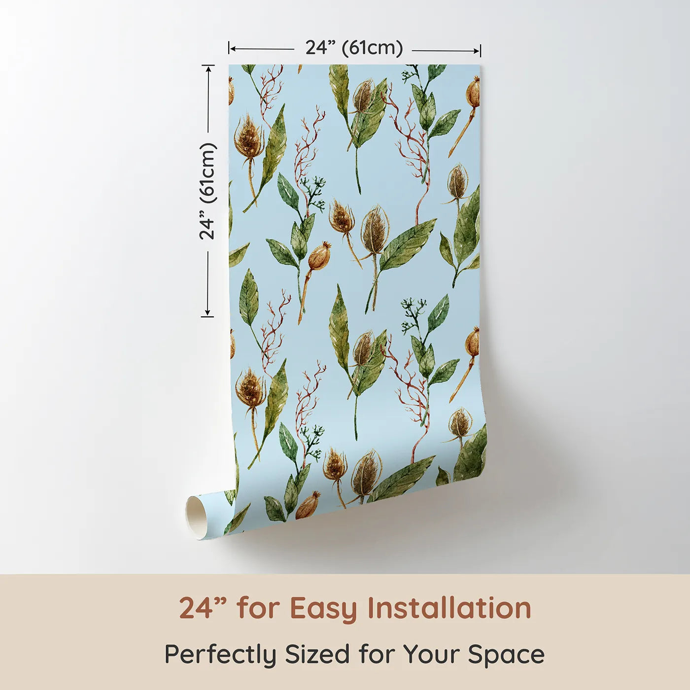 Dimension view of Whimsy Tots Woodland Forage Sprigs Wallpaper in Blue (W3294E). Printed in 24-inch-wide panel for easy installation. Soft blue skies host a field of leaves, pods, and forest textures.