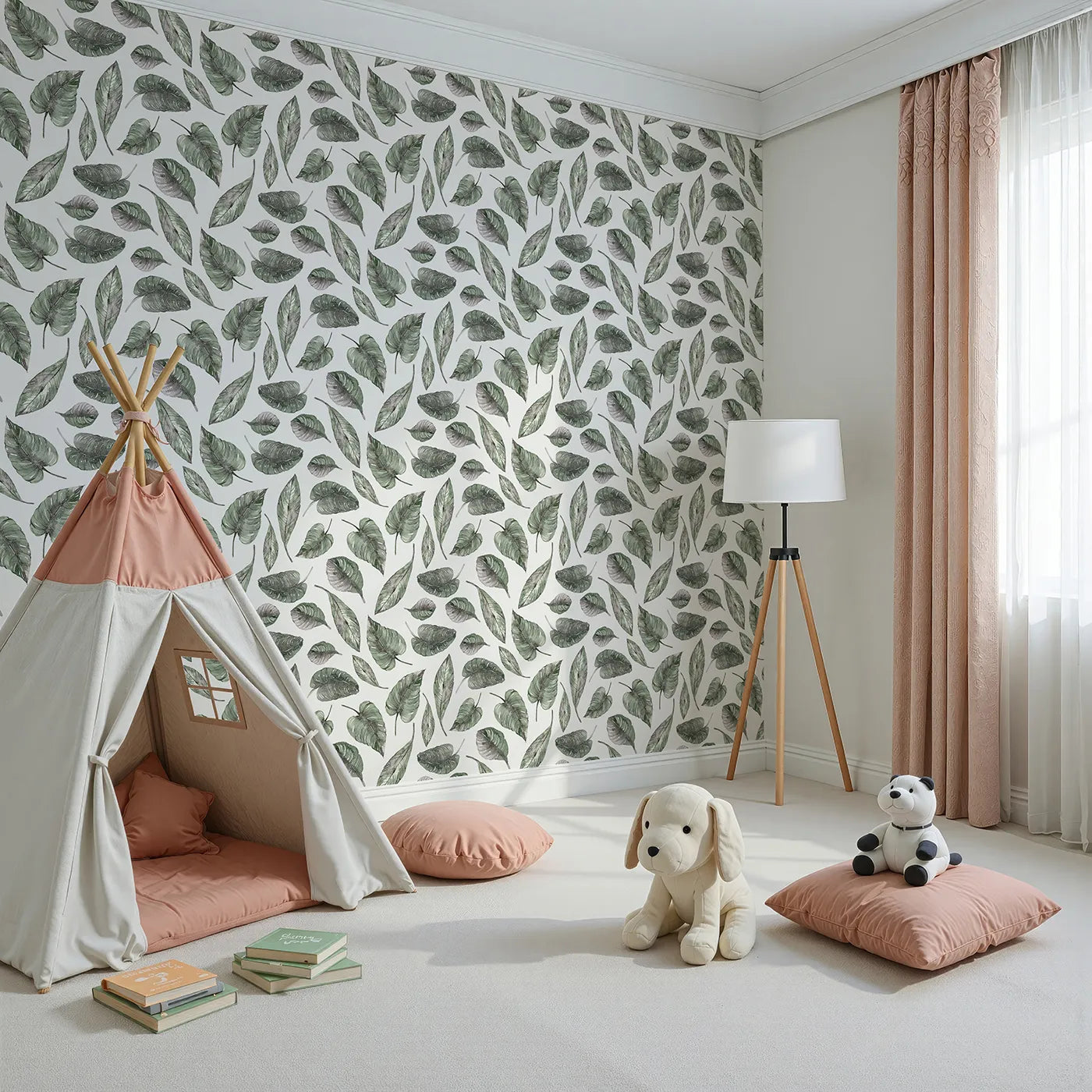 Angled view of Whimsy Tots' Monsoon Leaf Drift Wallpaper in White (W3295A).Tropical greens fall like whispers from a storybook sky.