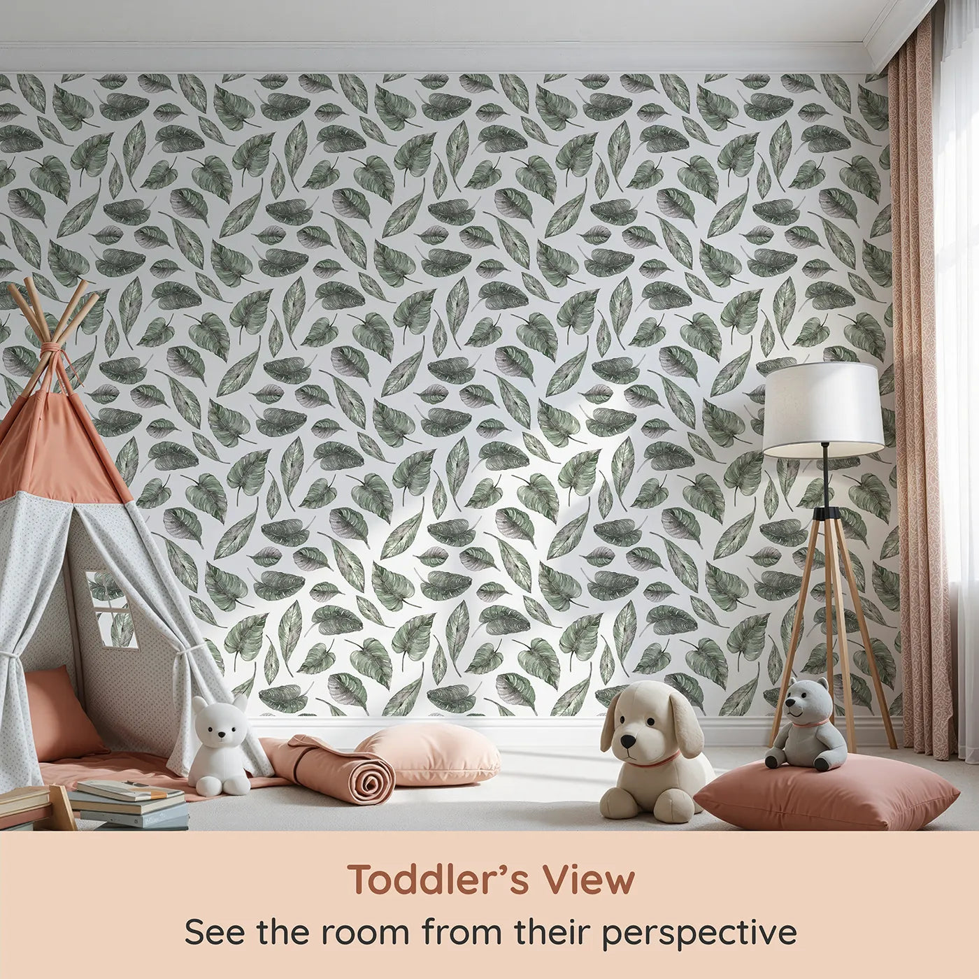 Whimsy Tots Monsoon Leaf Drift Wallpaper in White (W3295A) from your child's view.Tropical greens fall like whispers from a storybook sky.