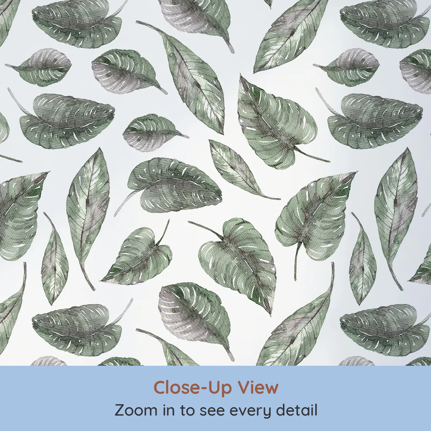 Close-up view of Whimsy Tots' Monsoon Leaf Drift Wallpaper in White (W3295A).Tropical greens fall like whispers from a storybook sky.