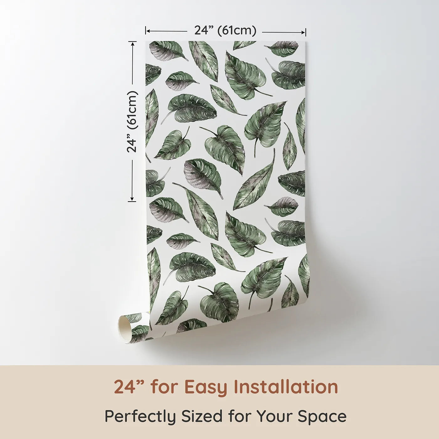 Dimension view of Whimsy Tots Monsoon Leaf Drift Wallpaper in White (W3295A). Printed in 24-inch-wide panel for easy installation. Tropical greens fall like whispers from a storybook sky.