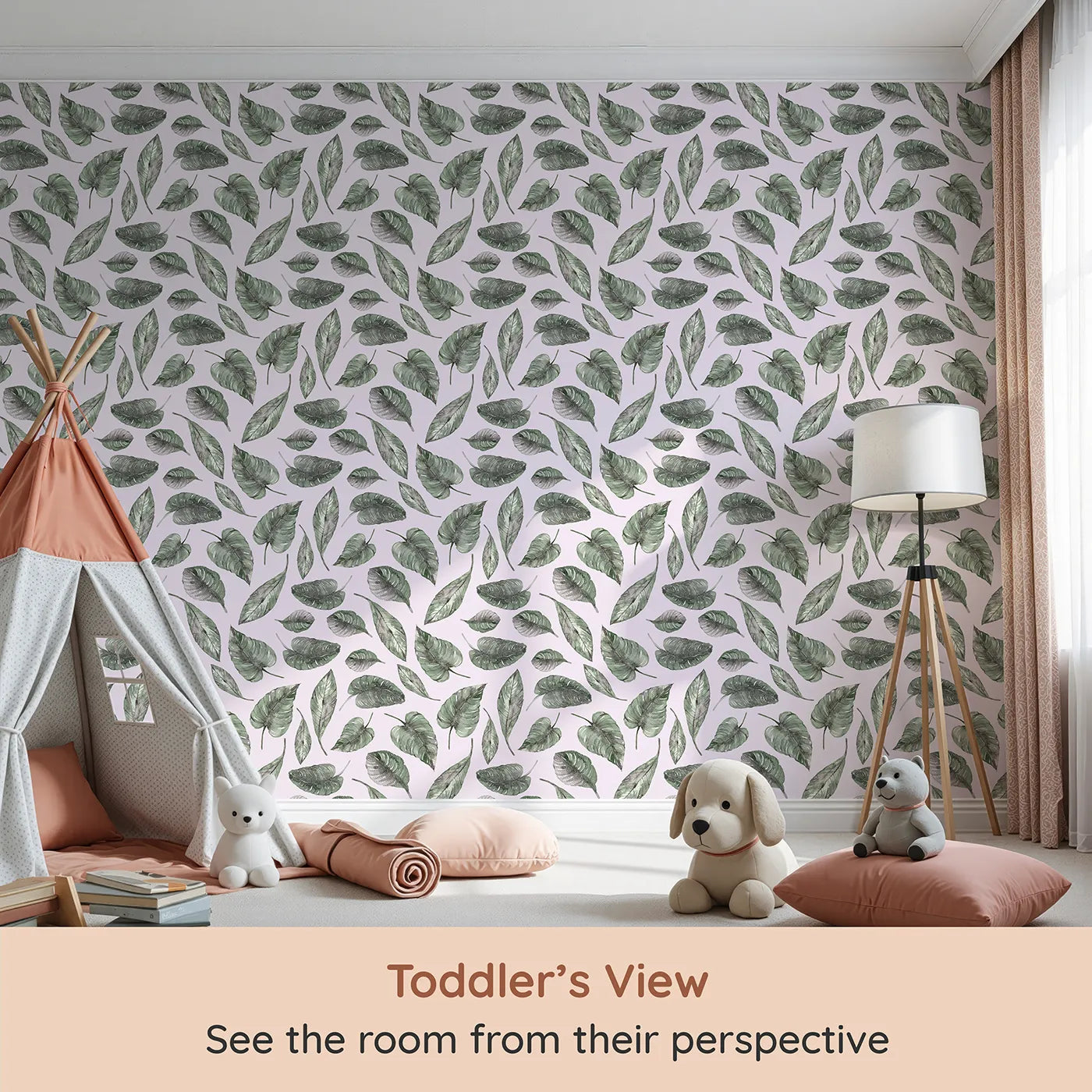 Whimsy Tots Monsoon Leaf Drift Wallpaper in Pink (W3295B) from your child's view.Soft pink skies cradle hand-drawn tropical leaves.