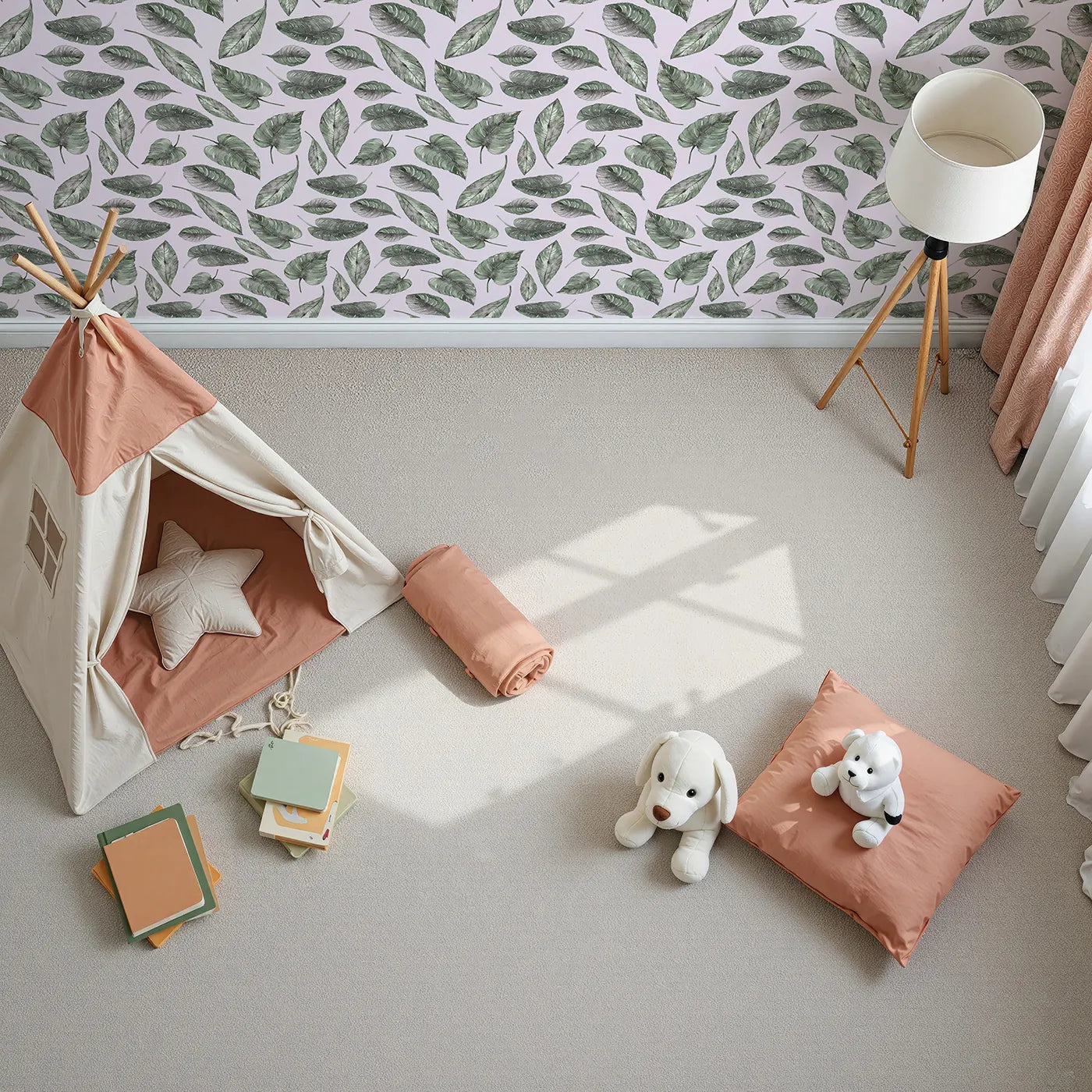 Top-Down view of Whimsy Tots' Monsoon Leaf Drift Wallpaper in Pink (W3295B).Soft pink skies cradle hand-drawn tropical leaves.