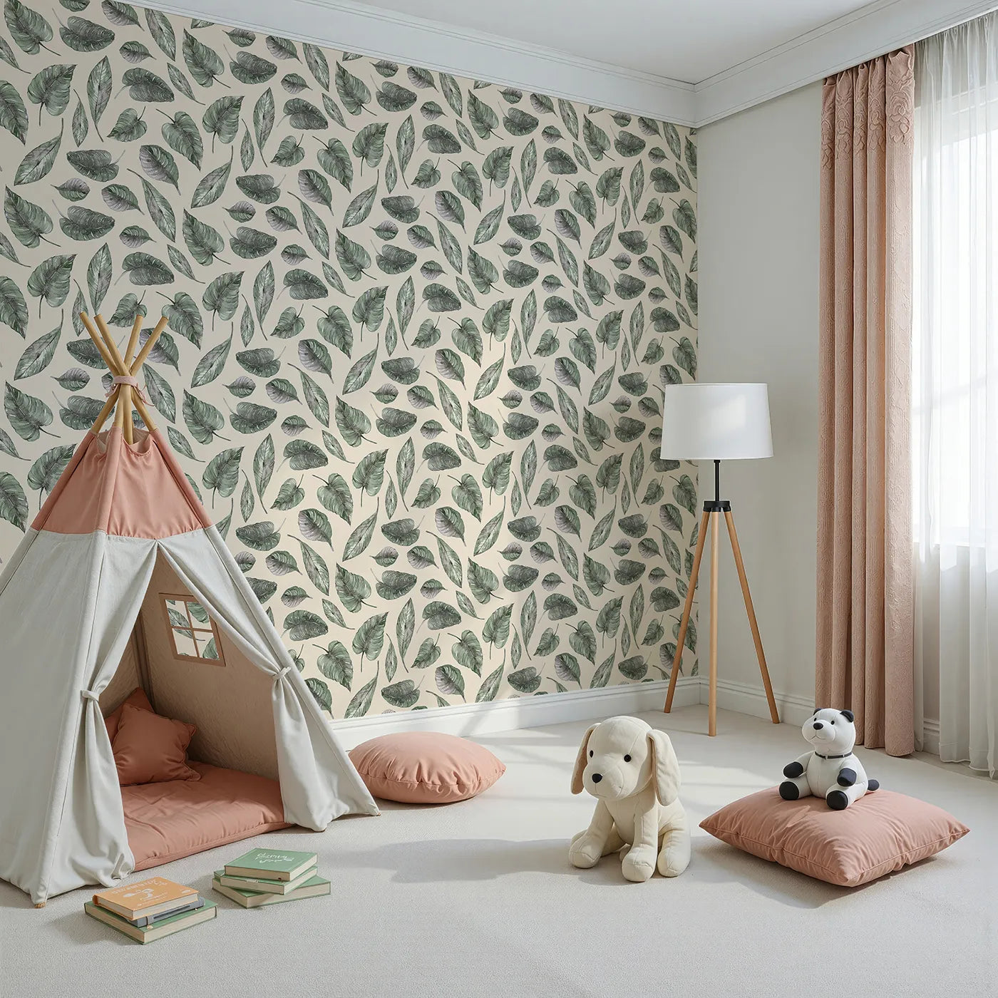 Angled view of Whimsy Tots' Monsoon Leaf Drift Wallpaper in Cream (W3295C).Soft tropical leaves dance across a sun-warmed cream sky.