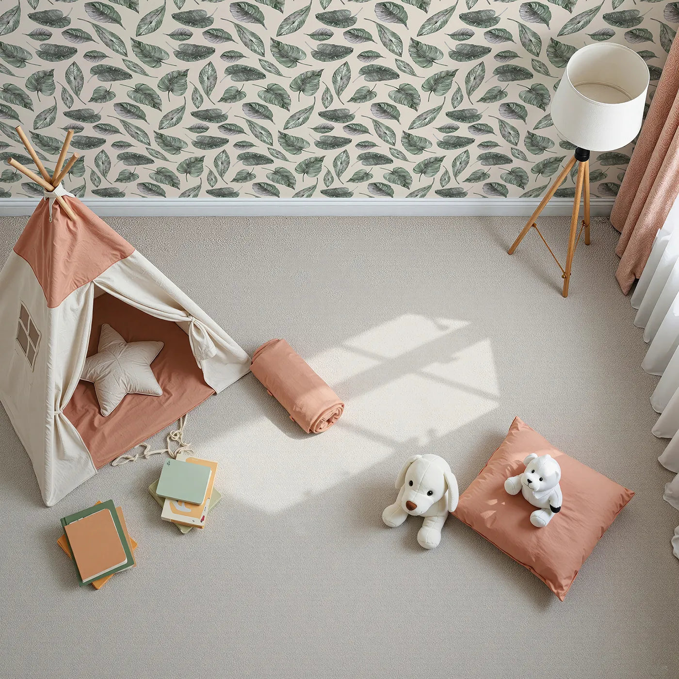 Top-Down view of Whimsy Tots' Monsoon Leaf Drift Wallpaper in Cream (W3295C).Soft tropical leaves dance across a sun-warmed cream sky.