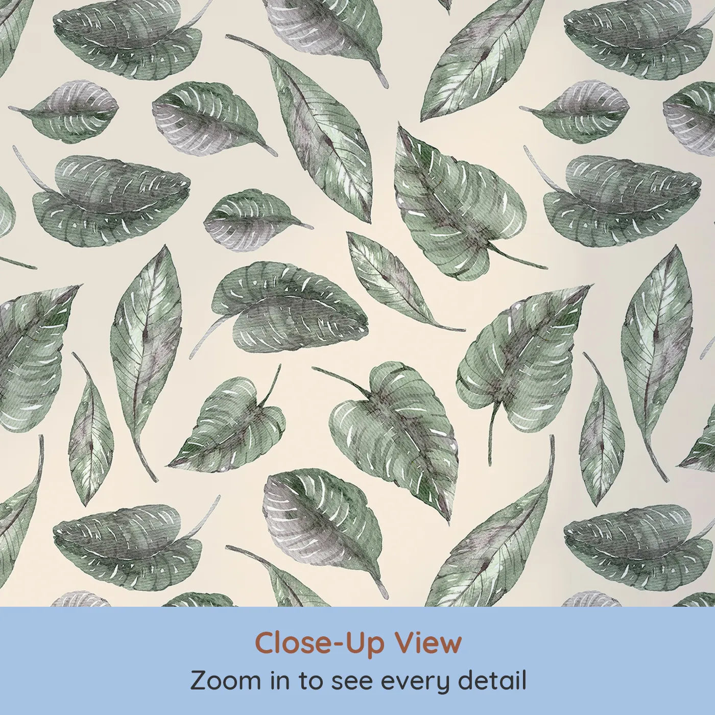 Close-up view of Whimsy Tots' Monsoon Leaf Drift Wallpaper in Cream (W3295C).Soft tropical leaves dance across a sun-warmed cream sky.