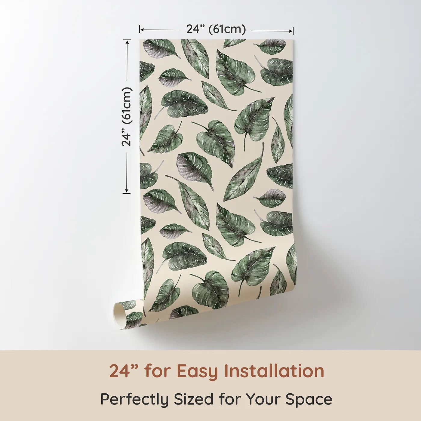 Dimension view of Whimsy Tots Monsoon Leaf Drift Wallpaper in Cream (W3295C). Printed in 24-inch-wide panel for easy installation. Soft tropical leaves dance across a sun-warmed cream sky.