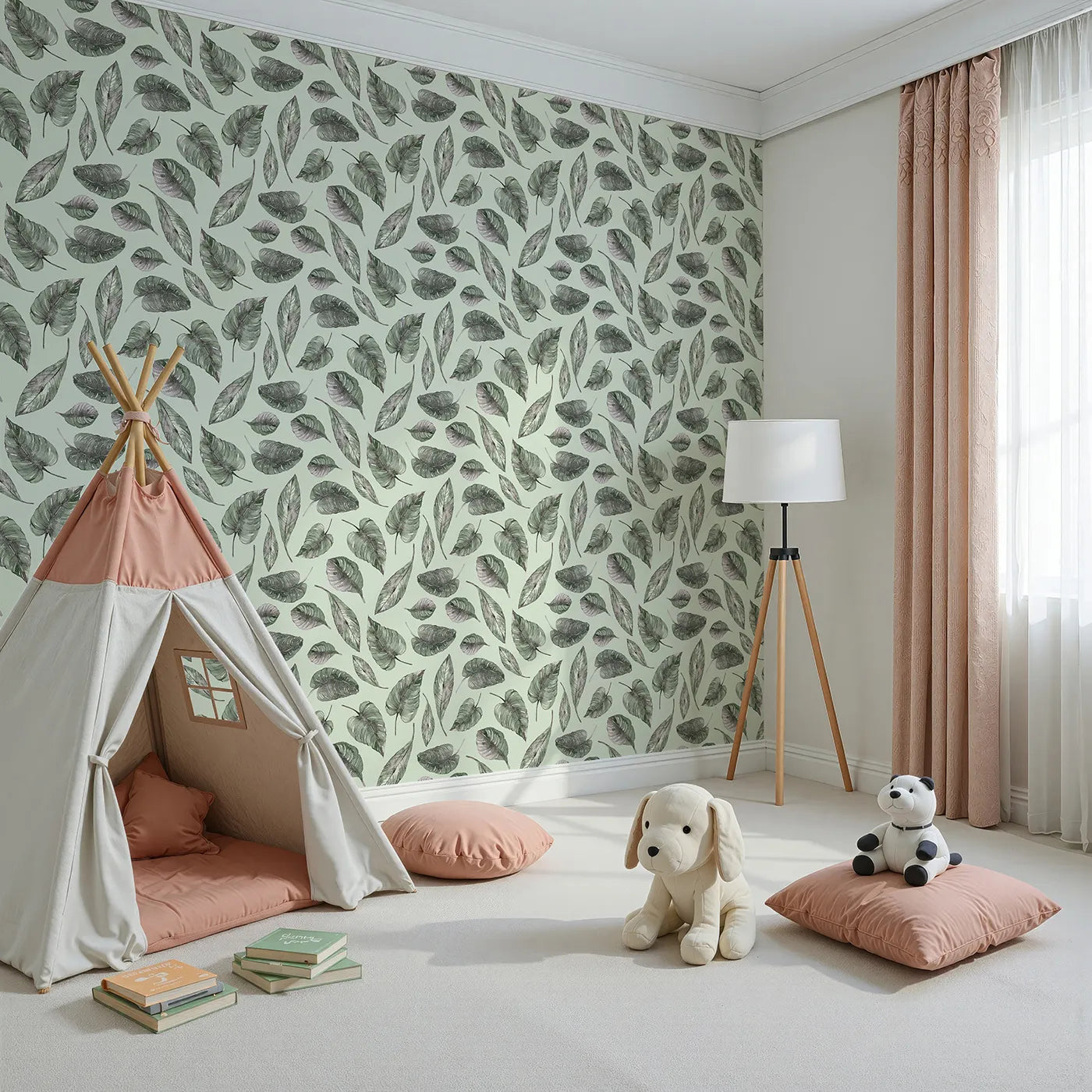 Angled view of Whimsy Tots' Monsoon Leaf Drift Wallpaper in Mint Green (W3295D).Fresh mint skies lift delicate rainforest leaves in mid-air.