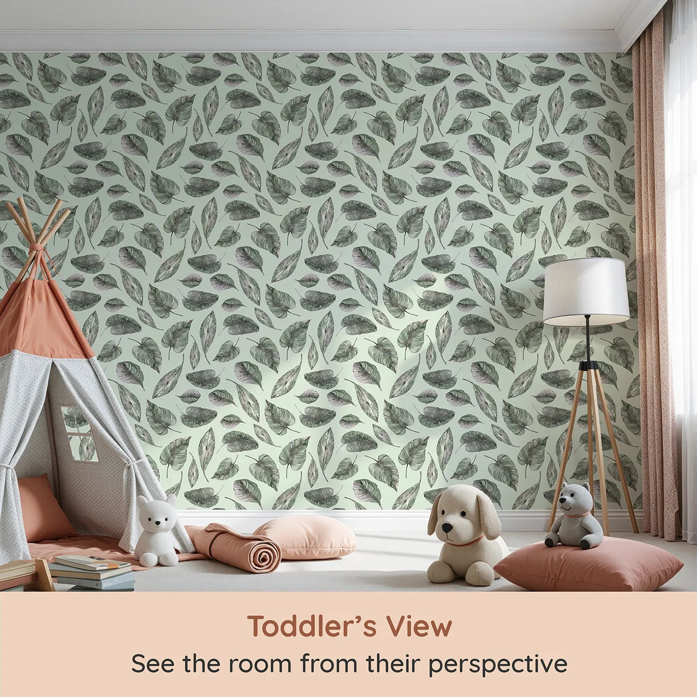 Whimsy Tots Monsoon Leaf Drift Wallpaper in Mint Green (W3295D) from your child's view.Fresh mint skies lift delicate rainforest leaves in mid-air.