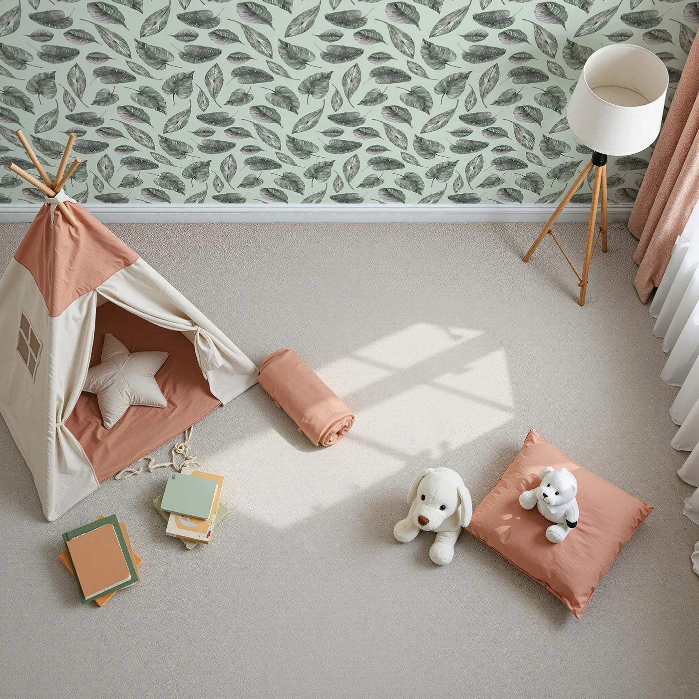 Top-Down view of Whimsy Tots' Monsoon Leaf Drift Wallpaper in Mint Green (W3295D).Fresh mint skies lift delicate rainforest leaves in mid-air.