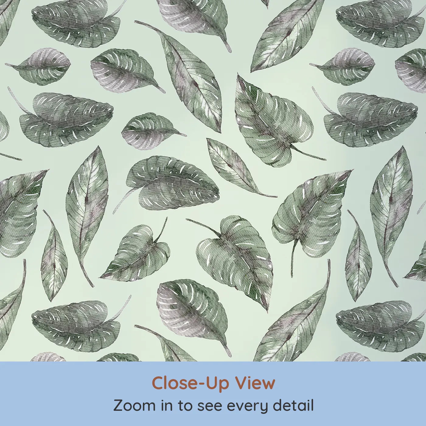 Close-up view of Whimsy Tots' Monsoon Leaf Drift Wallpaper in Mint Green (W3295D).Fresh mint skies lift delicate rainforest leaves in mid-air.