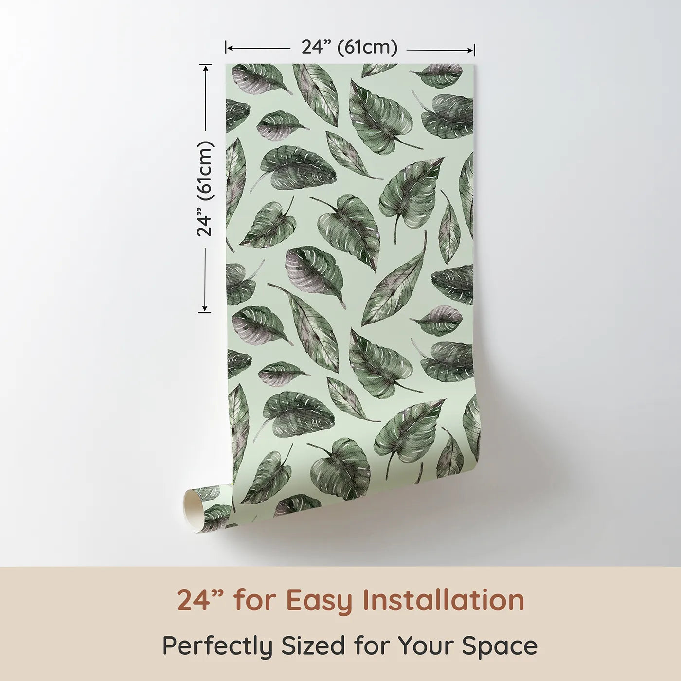 Dimension view of Whimsy Tots Monsoon Leaf Drift Wallpaper in Mint Green (W3295D). Printed in 24-inch-wide panel for easy installation. Fresh mint skies lift delicate rainforest leaves in mid-air.