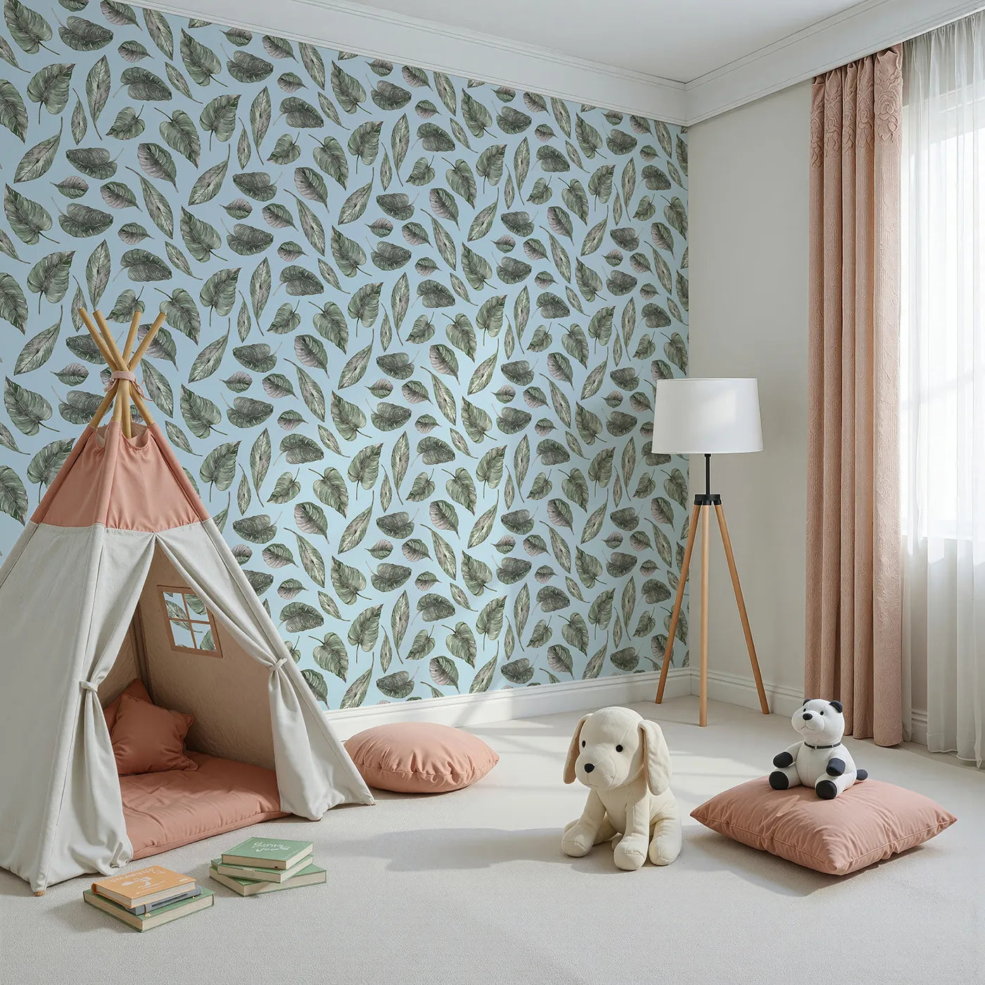 Angled view of Whimsy Tots' Monsoon Leaf Drift Wallpaper in Blue (W3295E).Tropical leaves float like feathers on a soft blue sky.