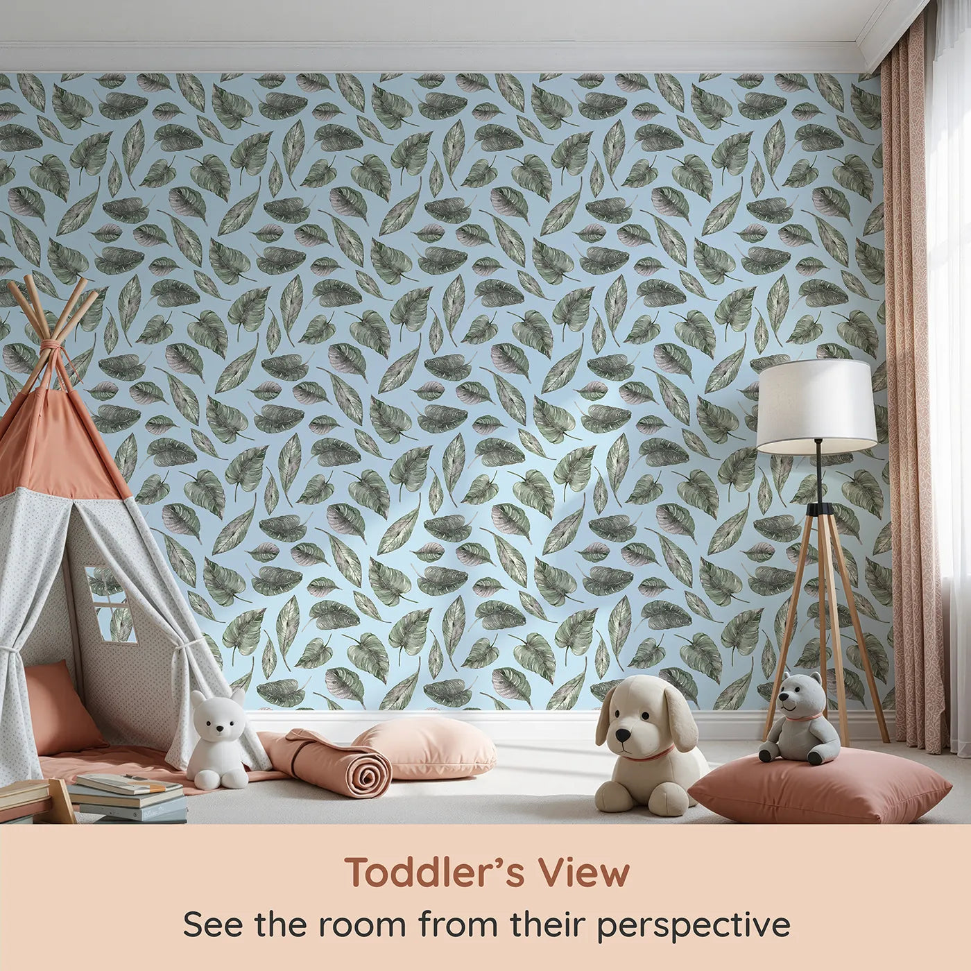Whimsy Tots Monsoon Leaf Drift Wallpaper in Blue (W3295E) from your child's view.Tropical leaves float like feathers on a soft blue sky.