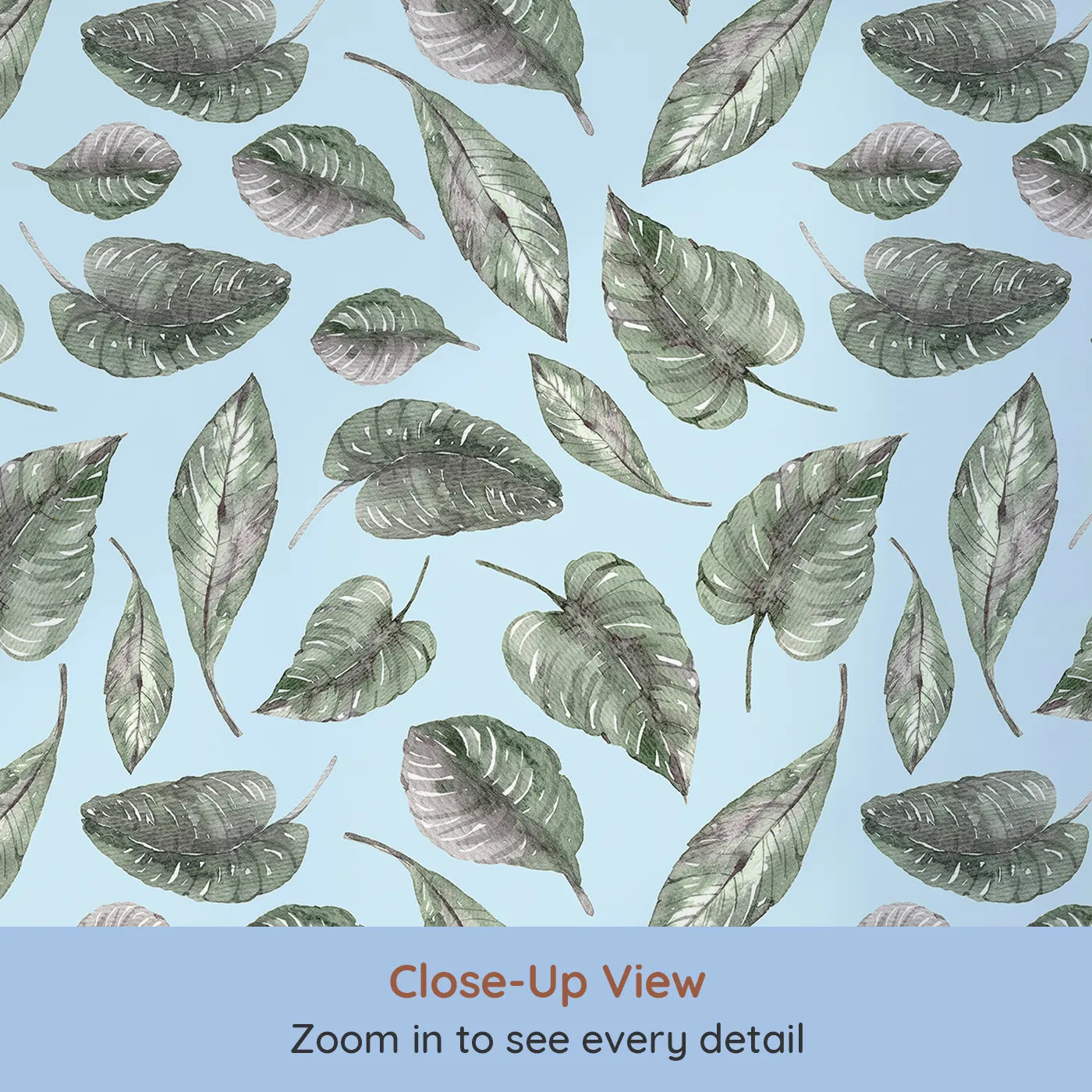 Close-up view of Whimsy Tots' Monsoon Leaf Drift Wallpaper in Blue (W3295E).Tropical leaves float like feathers on a soft blue sky.