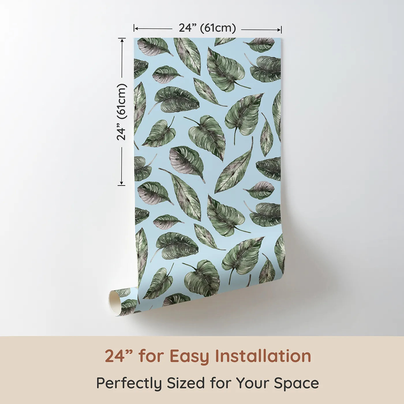 Dimension view of Whimsy Tots Monsoon Leaf Drift Wallpaper in Blue (W3295E). Printed in 24-inch-wide panel for easy installation. Tropical leaves float like feathers on a soft blue sky.
